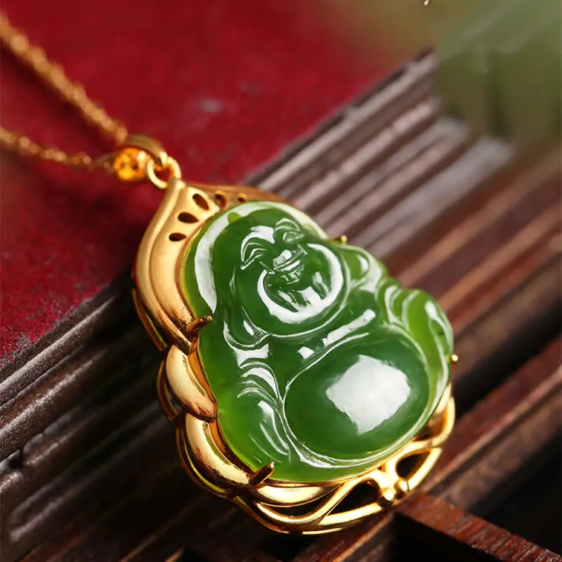 Buddha Stones 925 Sterling Silver Natural Hetian Cyan Jade Laughing Buddha 18K Gold Healing Necklace Chain Pendant