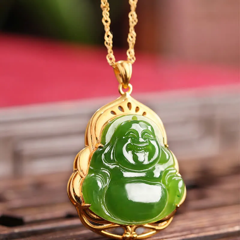 Buddha Stones 925 Sterling Silver Natural Hetian Cyan Jade Laughing Buddha 18K Gold Healing Necklace Chain Pendant