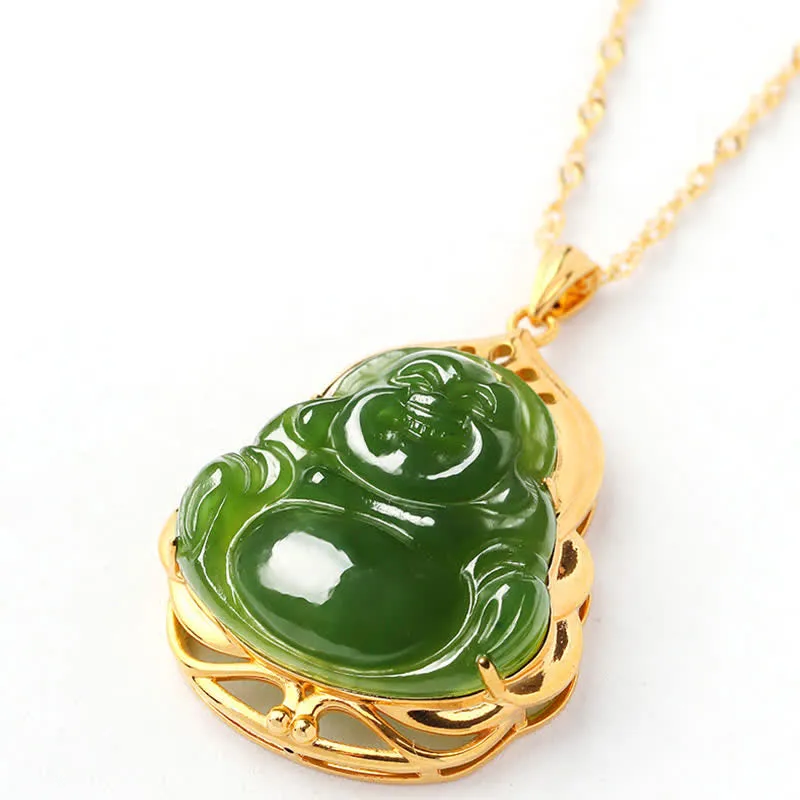 Buddha Stones 925 Sterling Silver Natural Hetian Cyan Jade Laughing Buddha 18K Gold Healing Necklace Chain Pendant