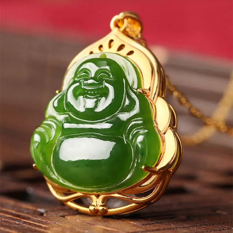 Buddha Stones 925 Sterling Silver Natural Hetian Cyan Jade Laughing Buddha 18K Gold Healing Necklace Chain Pendant