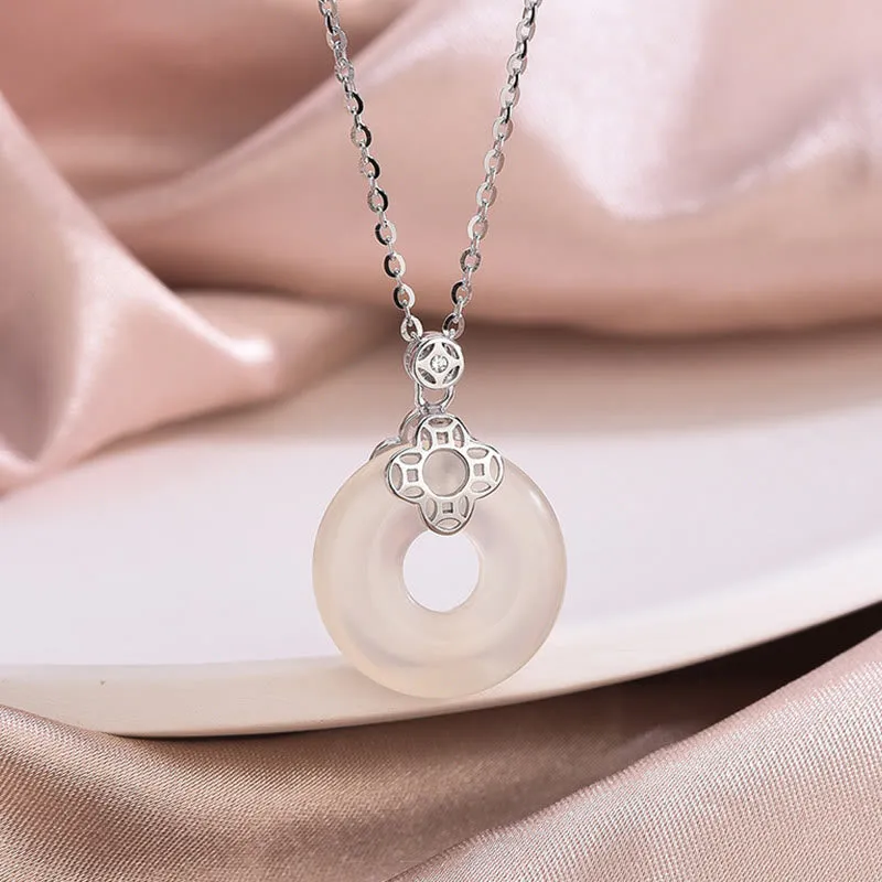 Buddha Stones 925 Sterling Silver Natural Hetian White Jade Chalcedony Coin Peace Buckle Luck Necklace Pendant