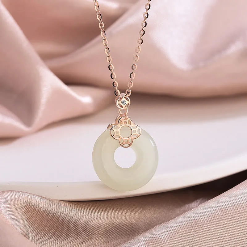 Buddha Stones 925 Sterling Silver Natural Hetian White Jade Chalcedony Coin Peace Buckle Luck Necklace Pendant