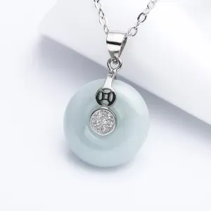 Buddha Stones 925 Sterling Silver Peace Buckle Jade Coin Luck Necklace Pendant