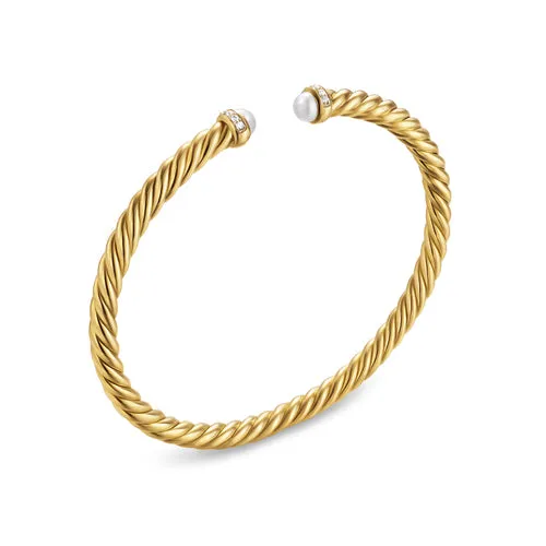 Cablespira Flex Bracelet in 18K Yellow Gold with Pearls and Diamonds, 4mm, Size Medium