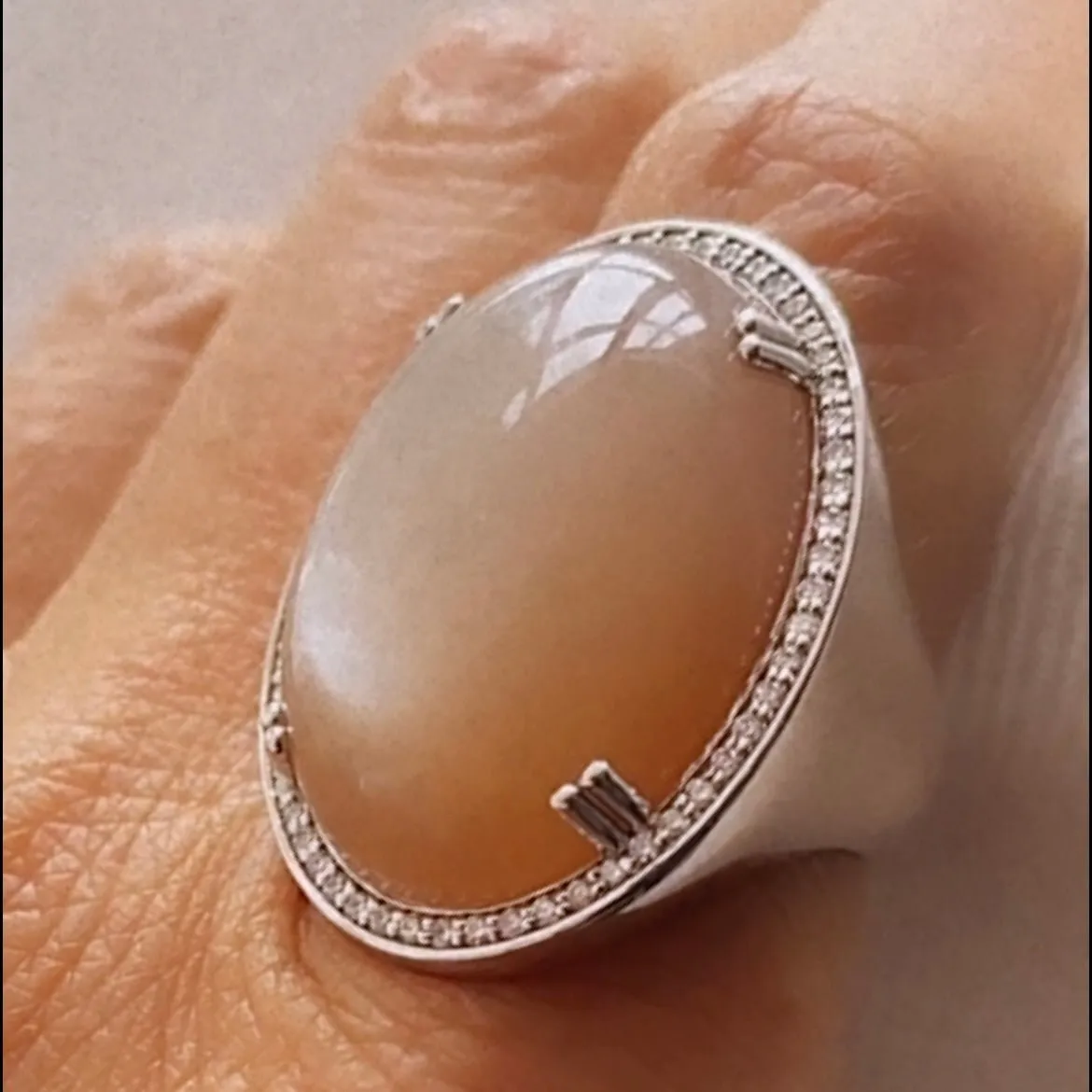 Celestial Peach Moonstone and Diamond Ring in 18kw