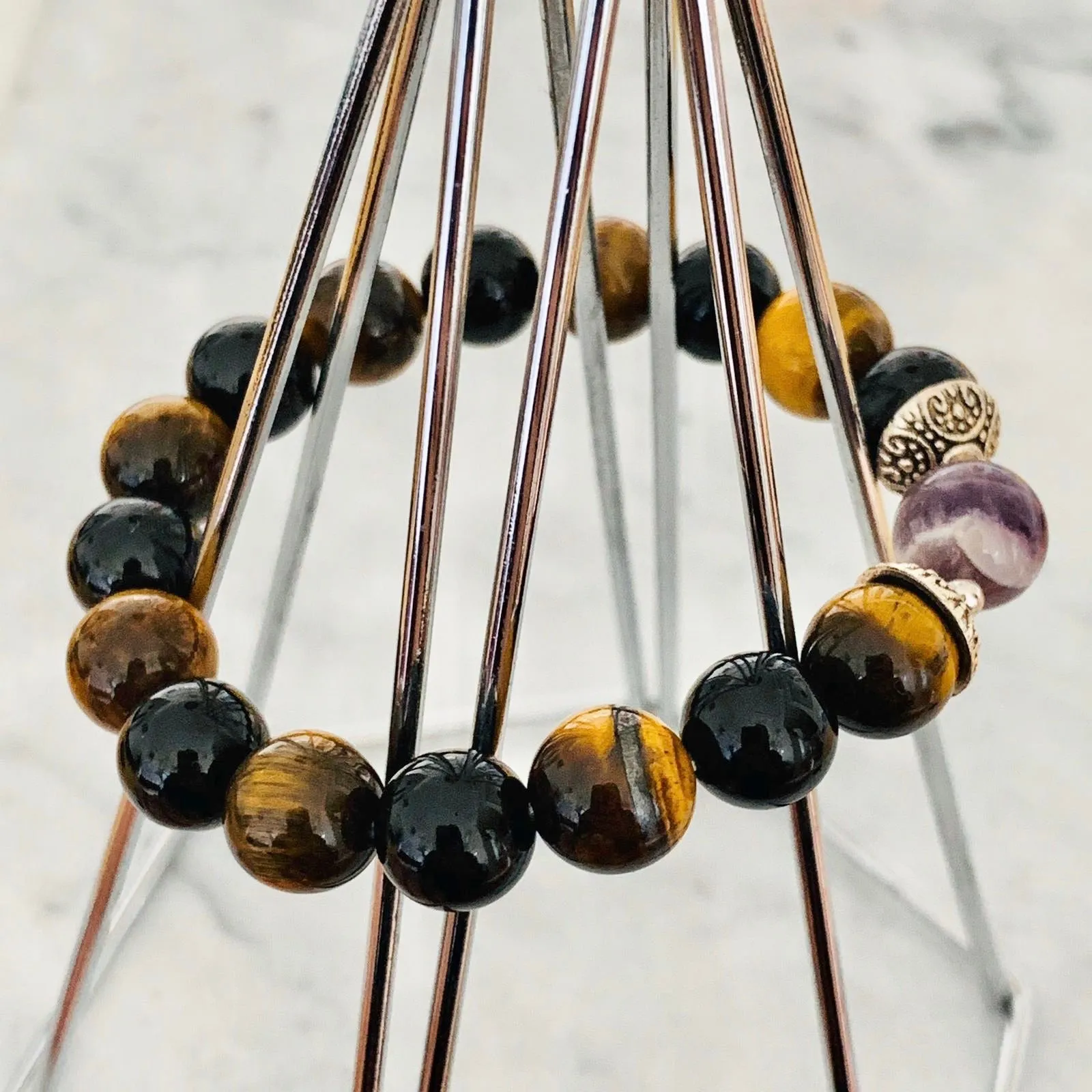 Chevron Amethyst, Black Tourmaline & Tigereye Men Bracelet