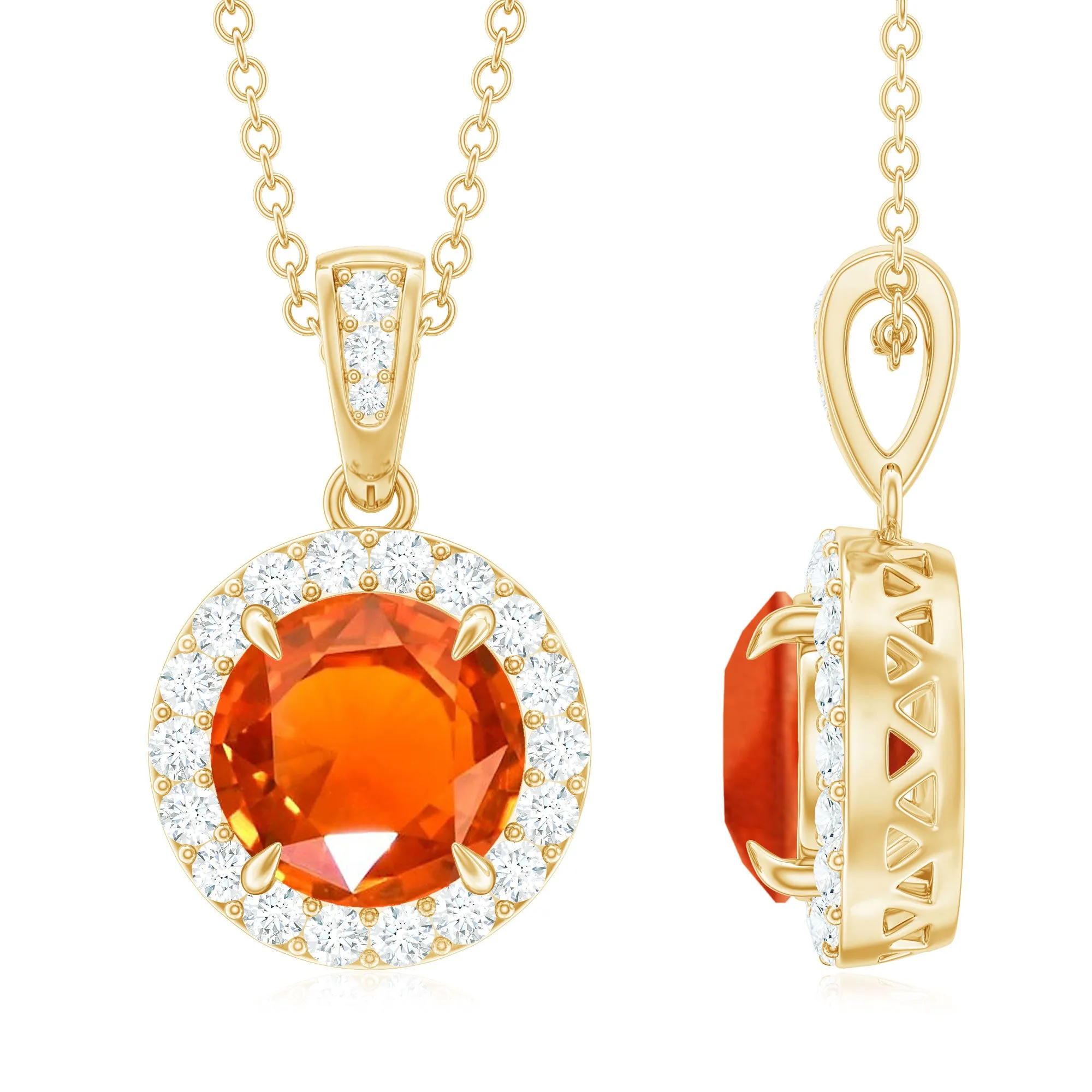 Created Orange Sapphire Pendant Necklace with Diamond Halo