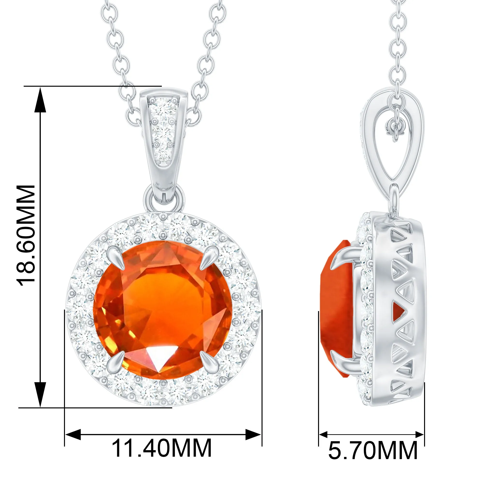 Created Orange Sapphire Pendant Necklace with Diamond Halo