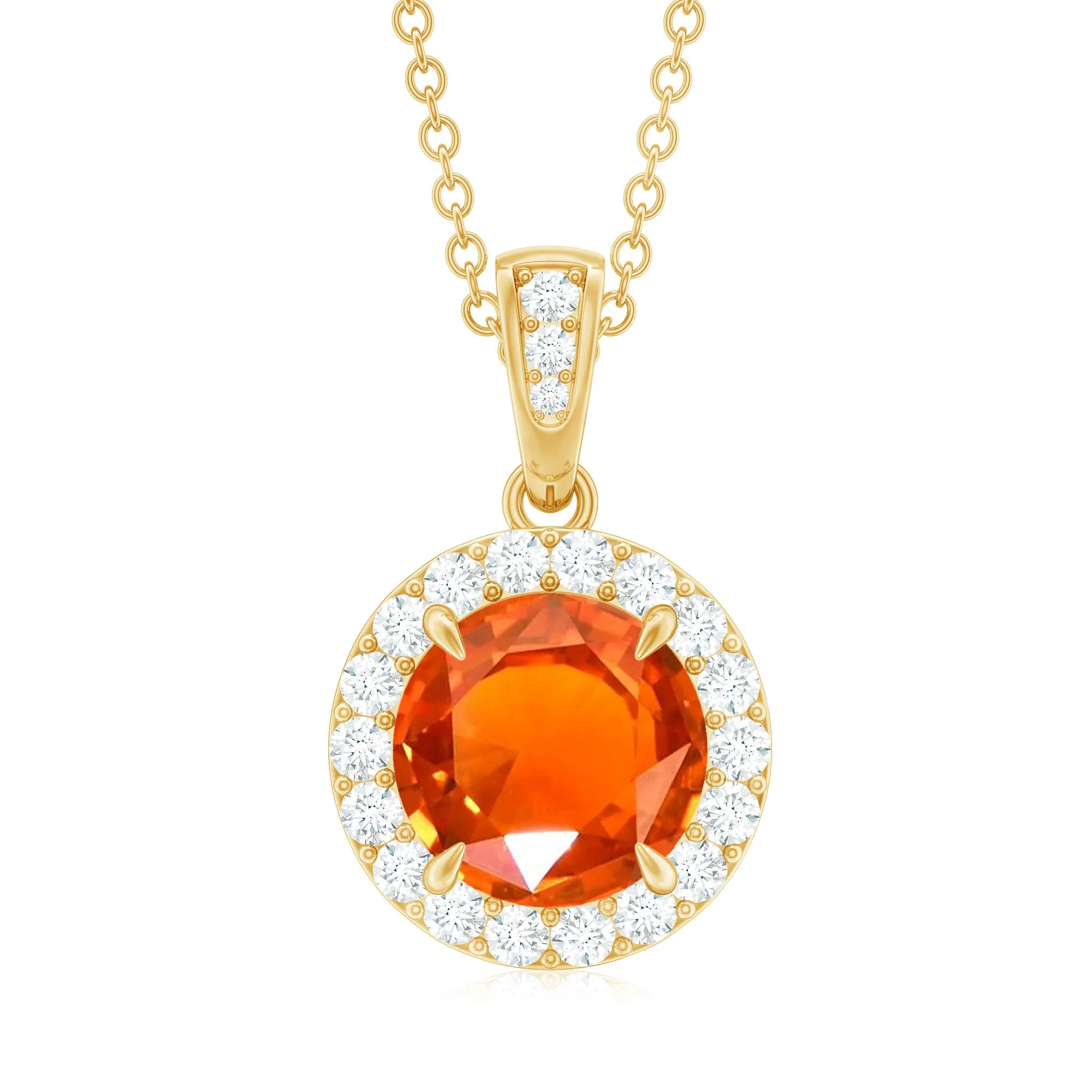 Created Orange Sapphire Pendant Necklace with Diamond Halo