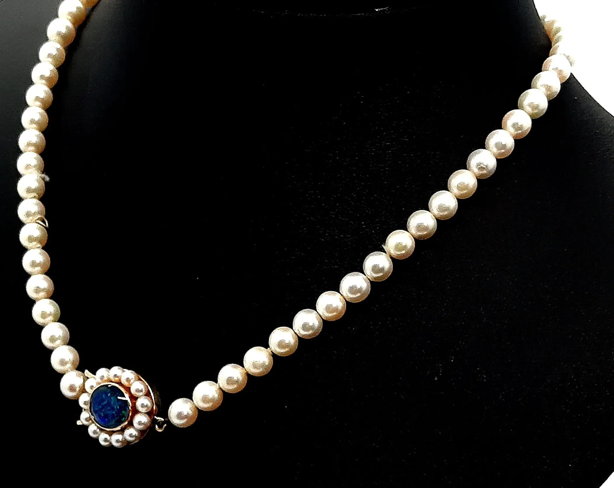 Cultured Pearl Strand Necklace with Opal Triplet & Yellow Gold Clasp