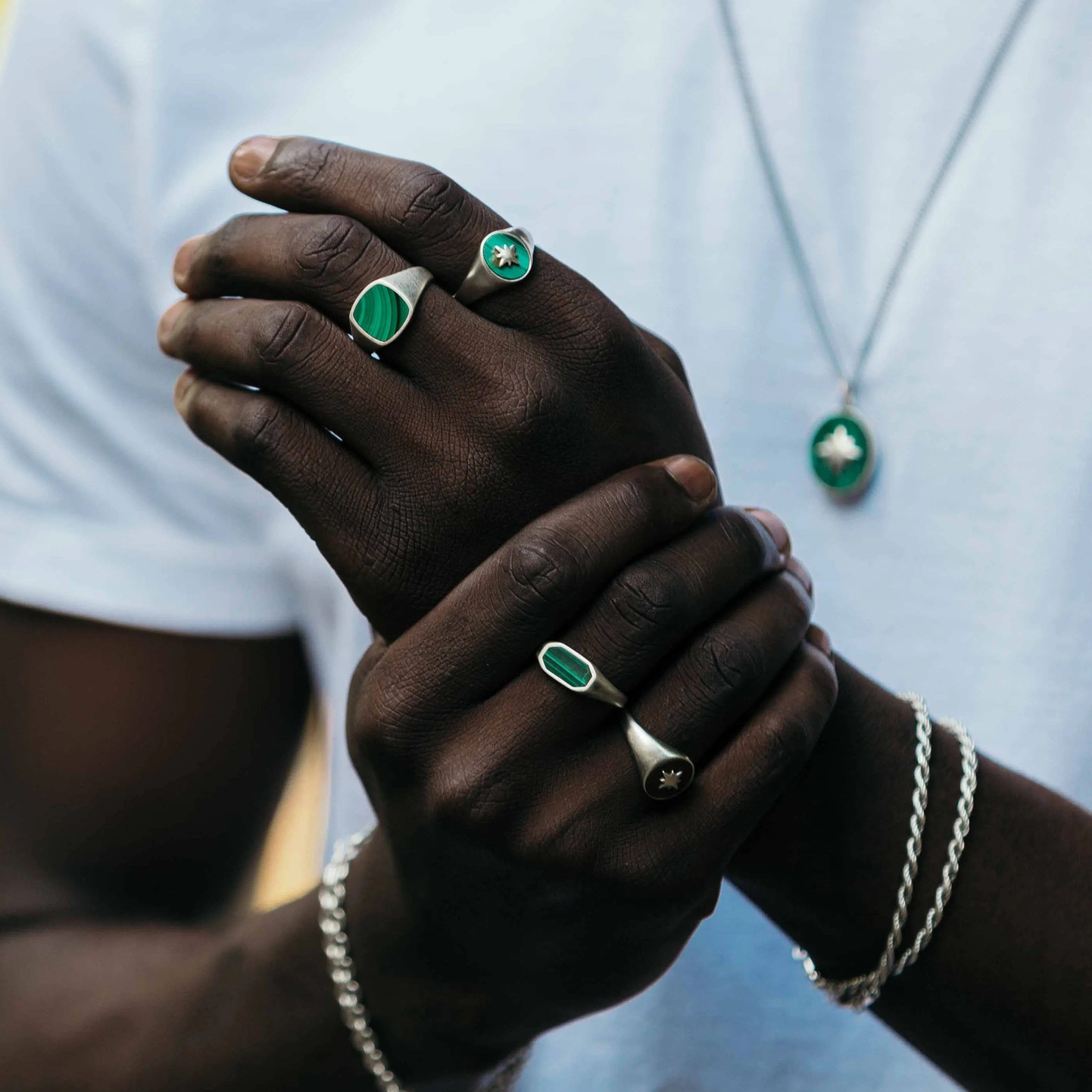 Cushion Signet Ring With Malachite Stone