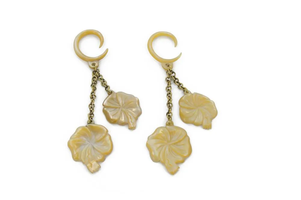 Dainty Hibiscus Mother of Pearl Large Gauge Dangle Earrings - Price Per 2