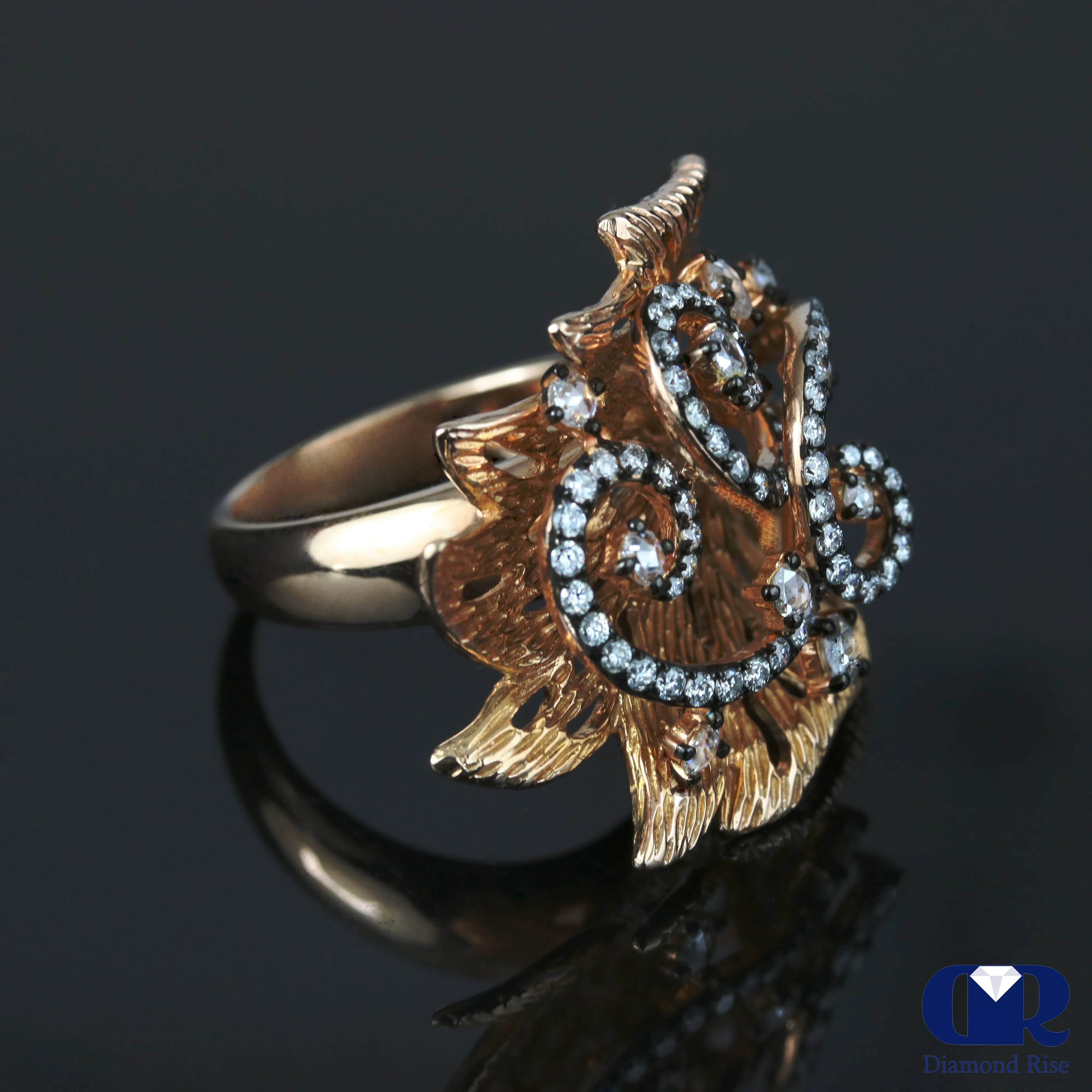 Diamond Cocktail Ring Right Hand Ring Leaf Style In 14K Gold