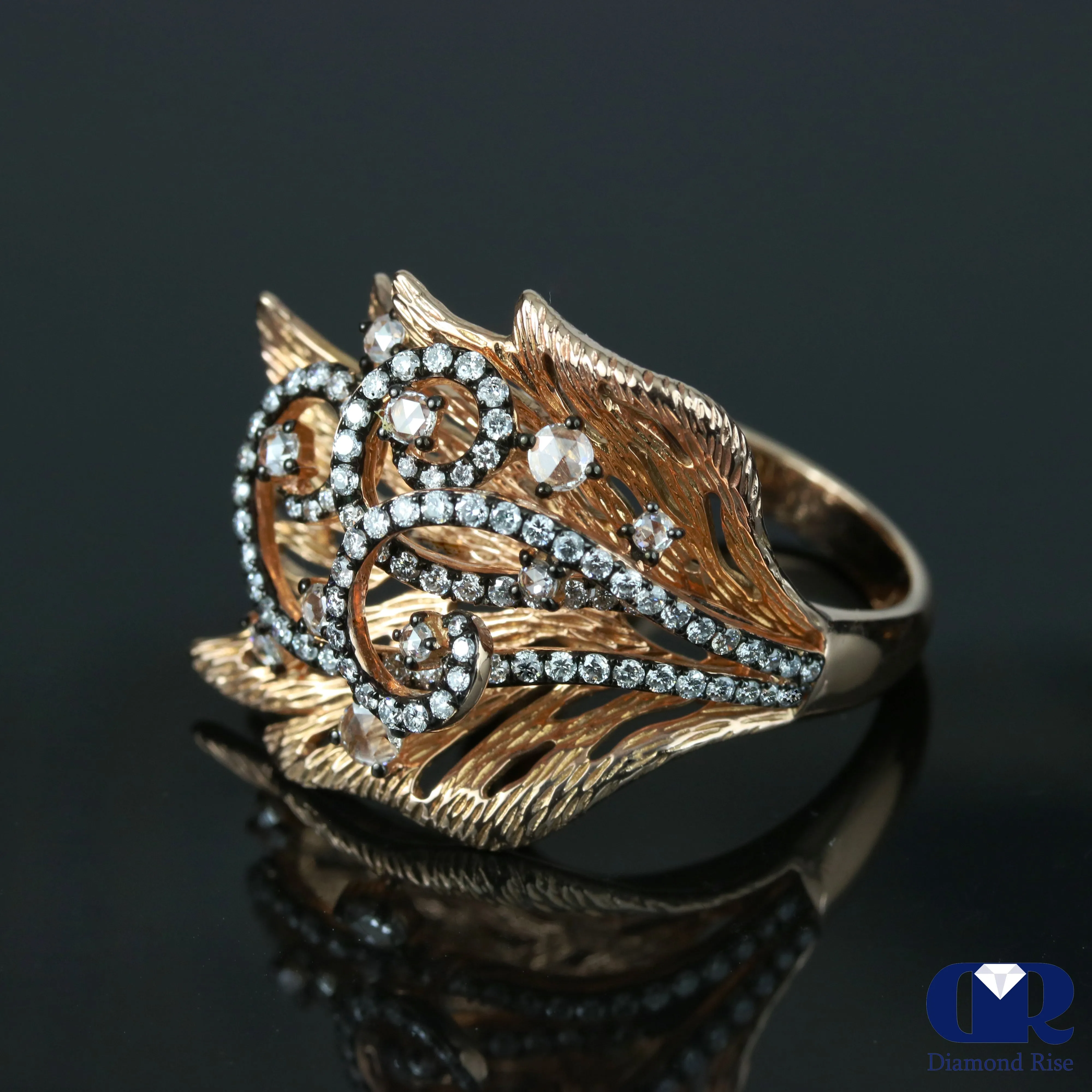 Diamond Cocktail Ring Right Hand Ring Leaf Style In 14K Gold