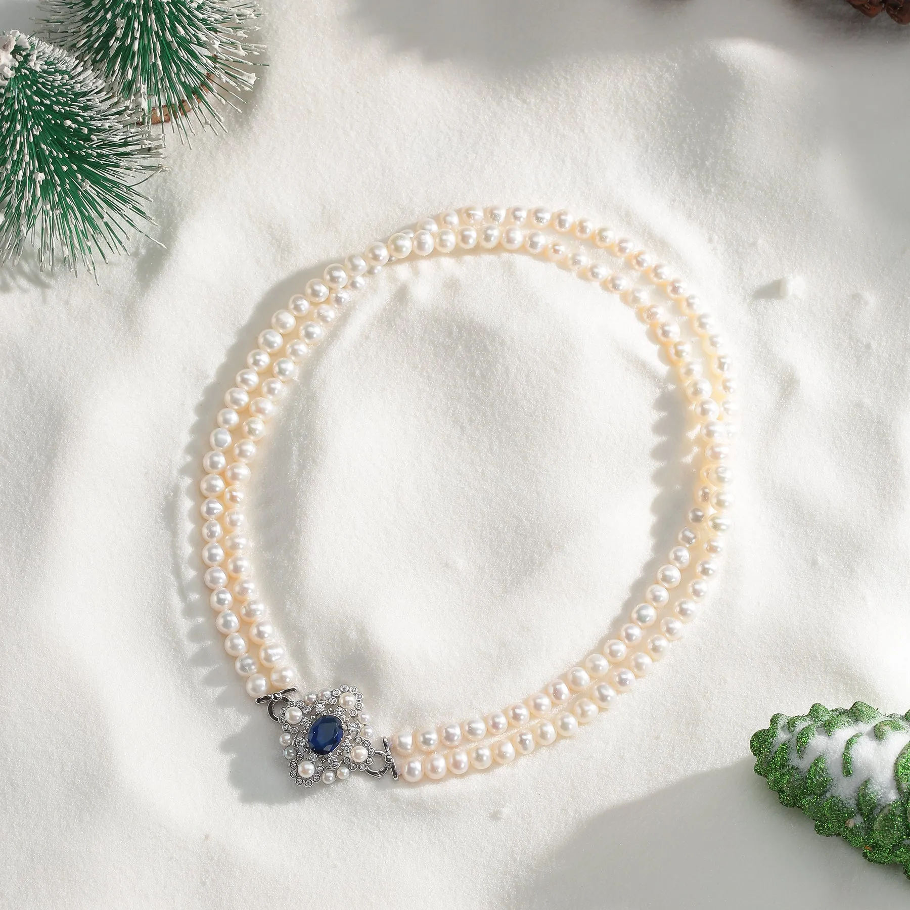 Double Layered Pearl Sapphire Stone Strand Choker Necklace