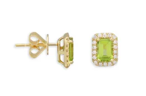 Earrings 14kt Gold Peridot Emerald Cut & Diamonds Studs