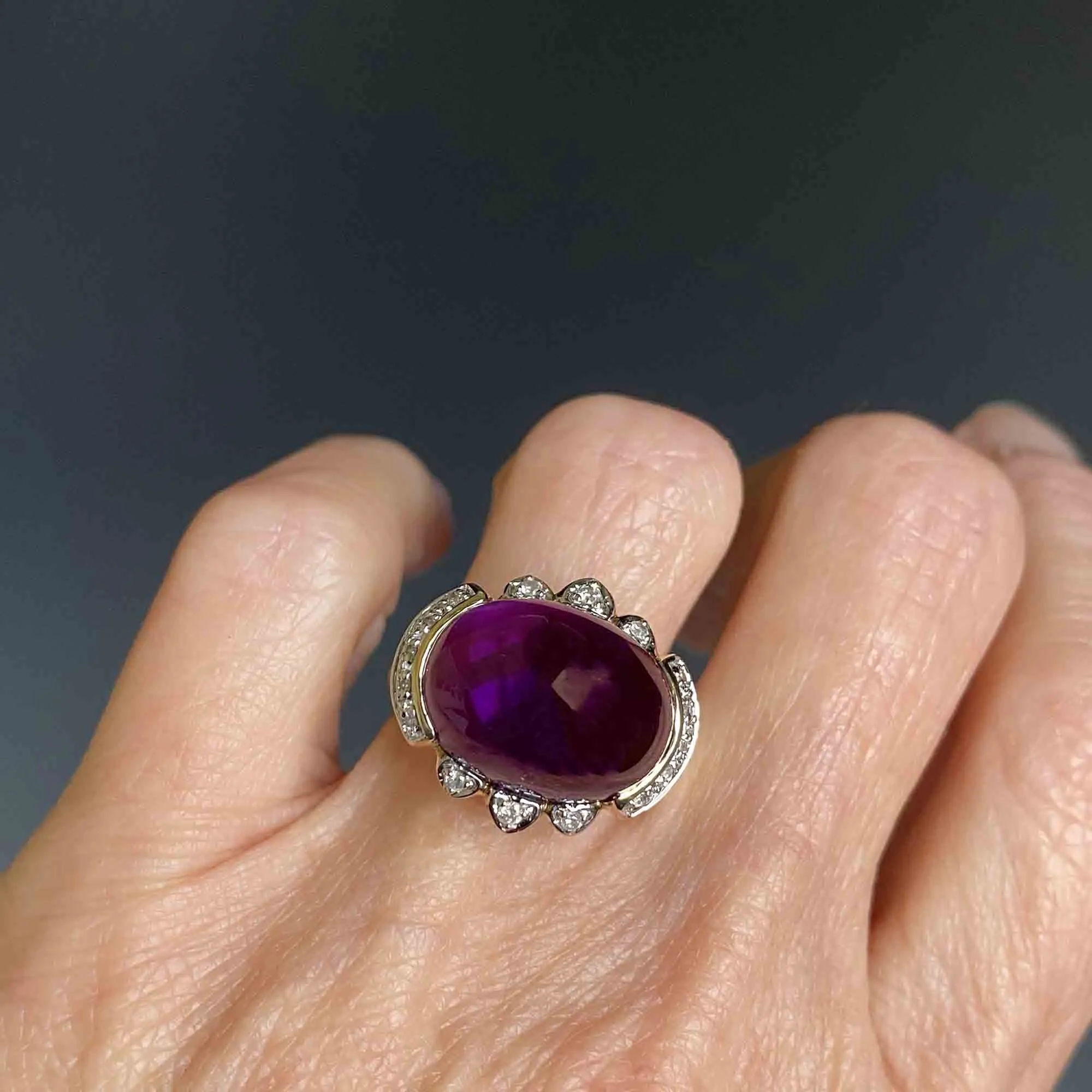 East West 13 CTW Amethyst Cabochon Diamond Halo Ring