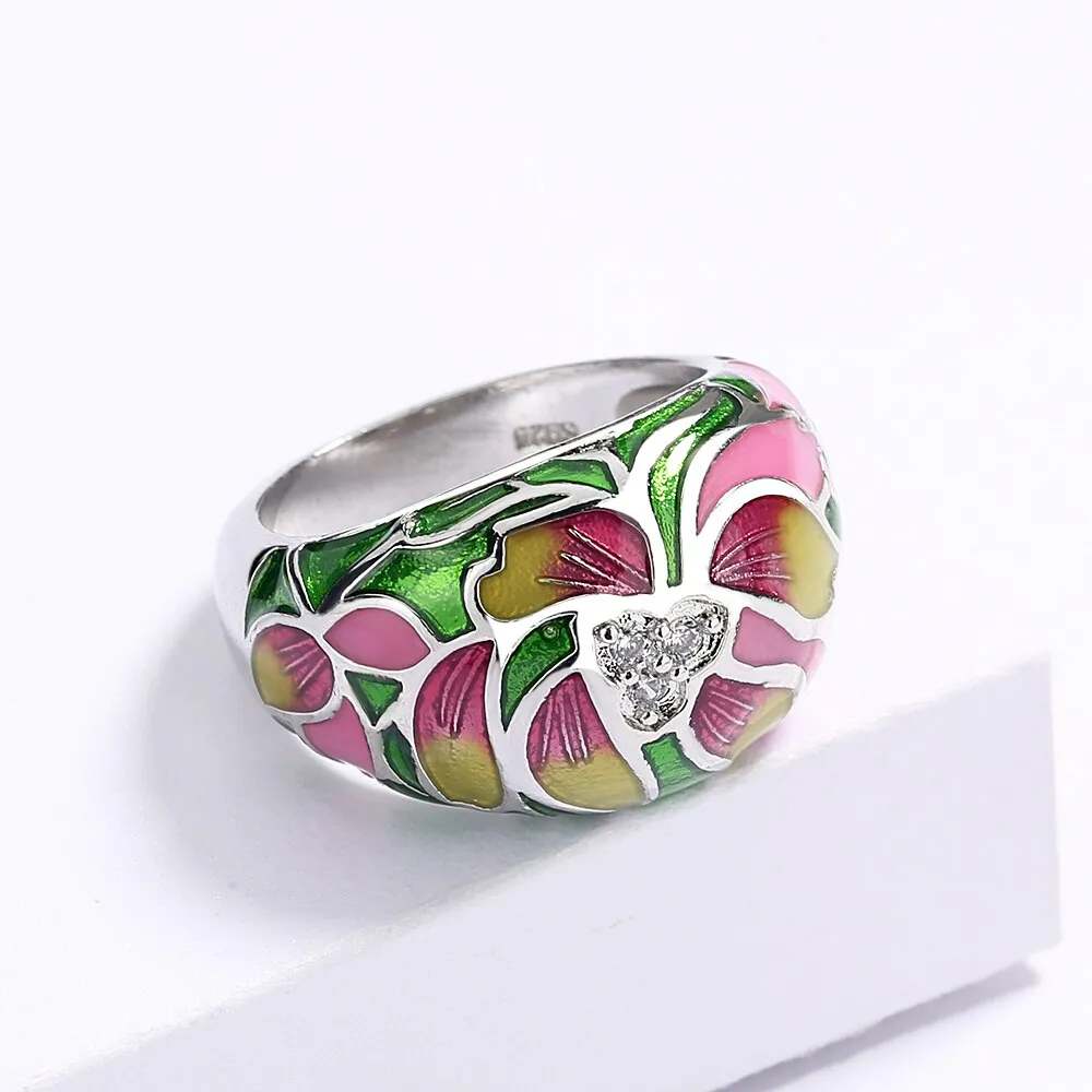 Ethnic Style Lotus Flower Enamel Cocktail Ring for Women with Zircon in Silver Color