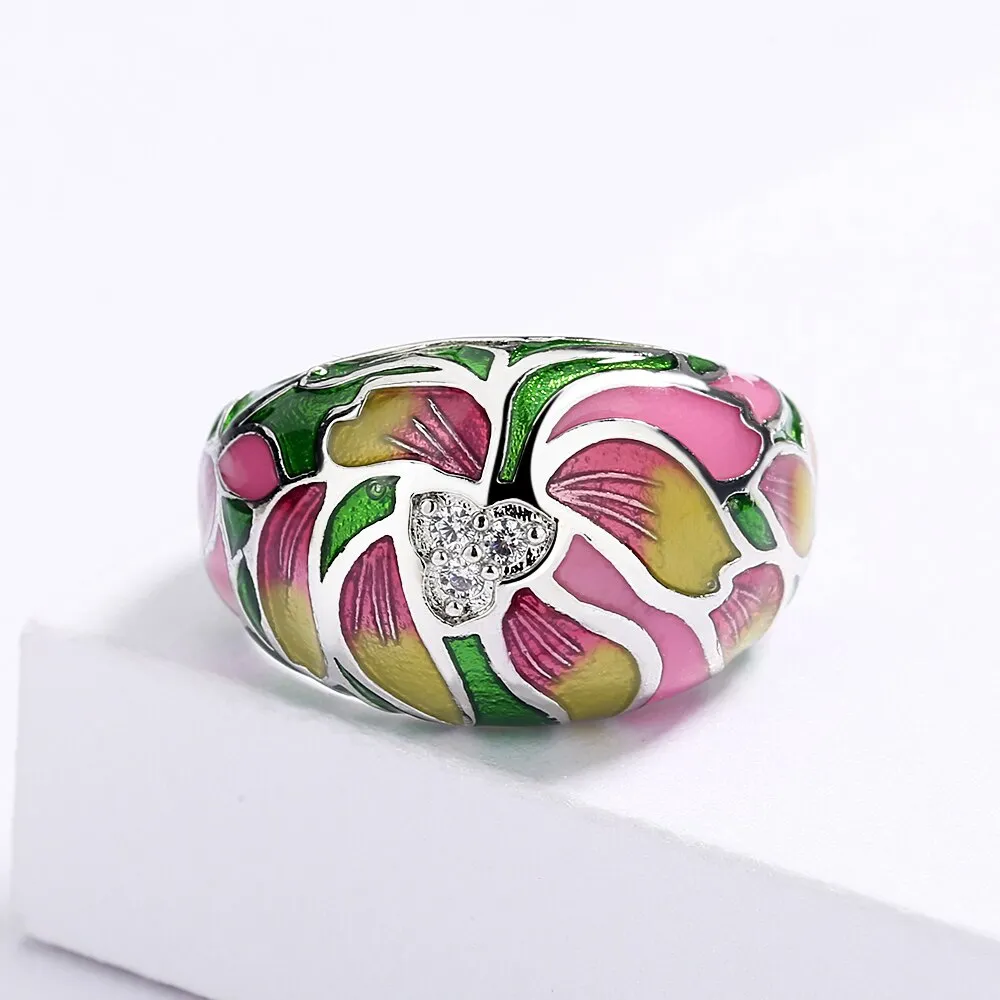 Ethnic Style Lotus Flower Enamel Cocktail Ring for Women with Zircon in Silver Color