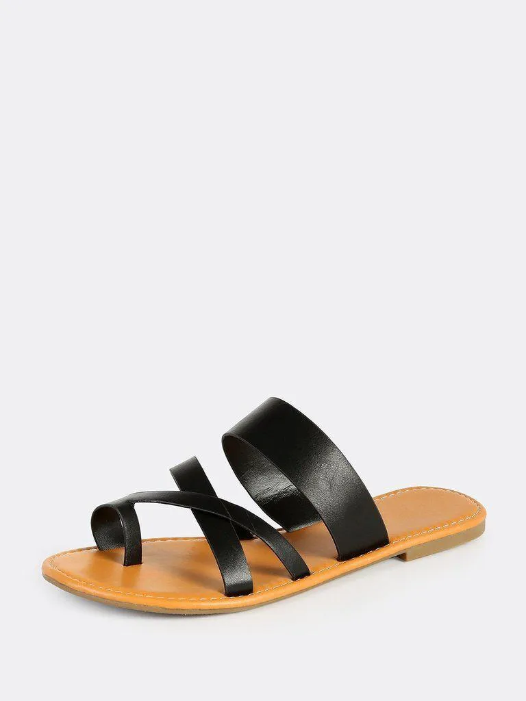 Faux Leather Toe Ring Sandals BLACK