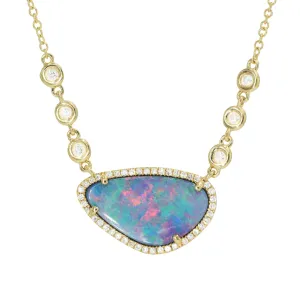 Fire Boulder Opal Necklace With In-Line Diamonds - Indigo