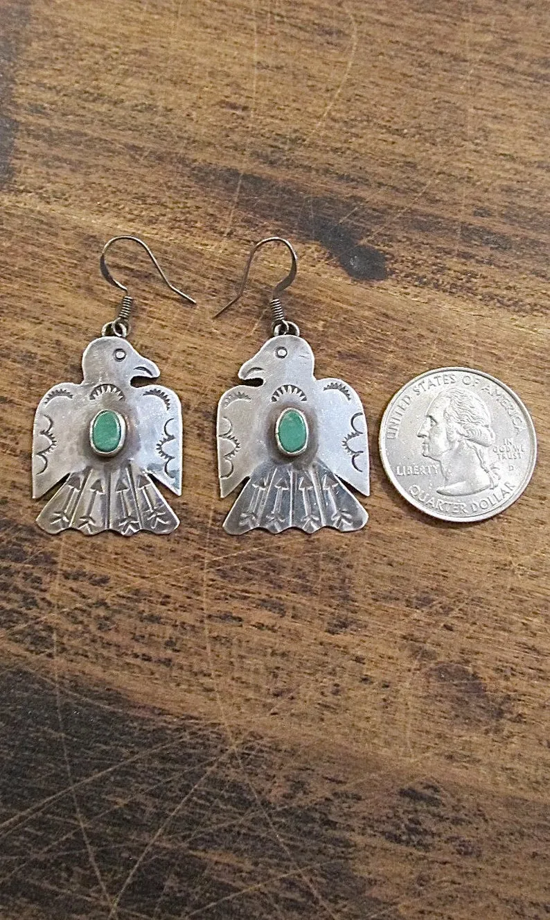 FRED HARVEY Vintage Silver & Turquoise Thunderbird Drop Earrings