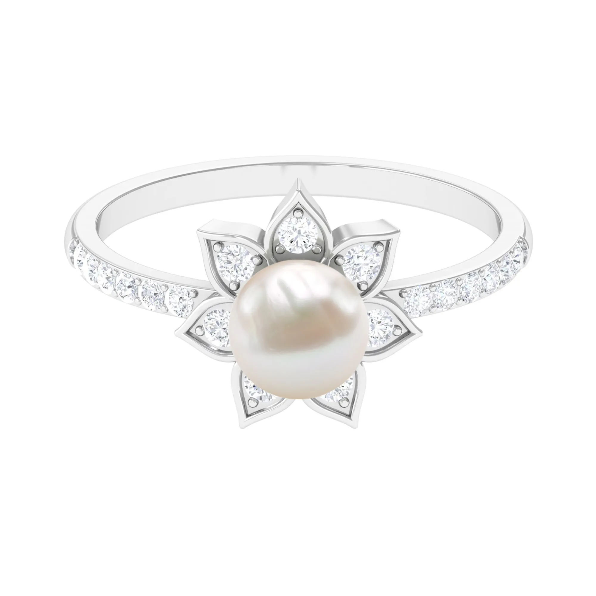 Freshwater Pearl Solitaire Floral Engagement Ring with Diamond