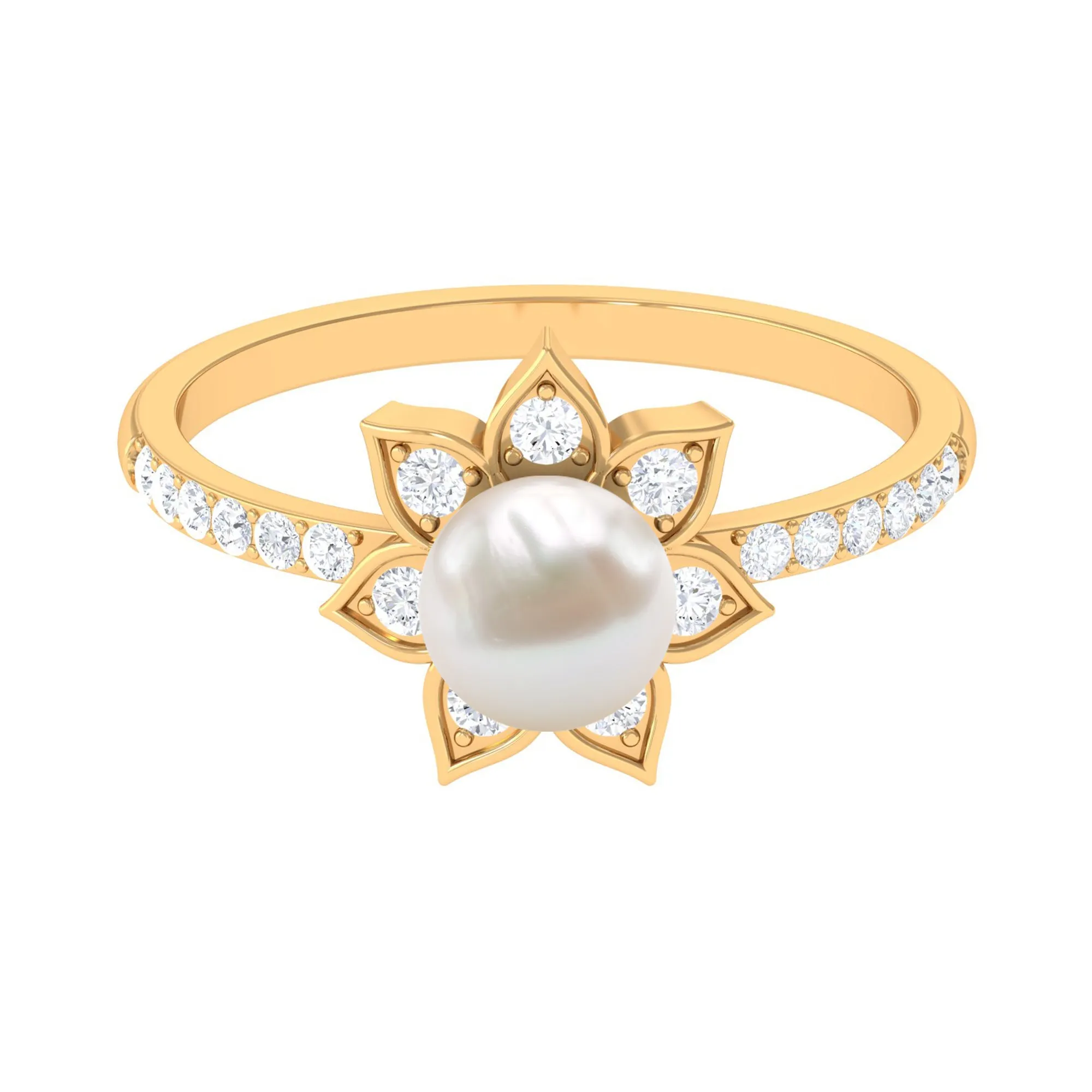 Freshwater Pearl Solitaire Floral Engagement Ring with Diamond