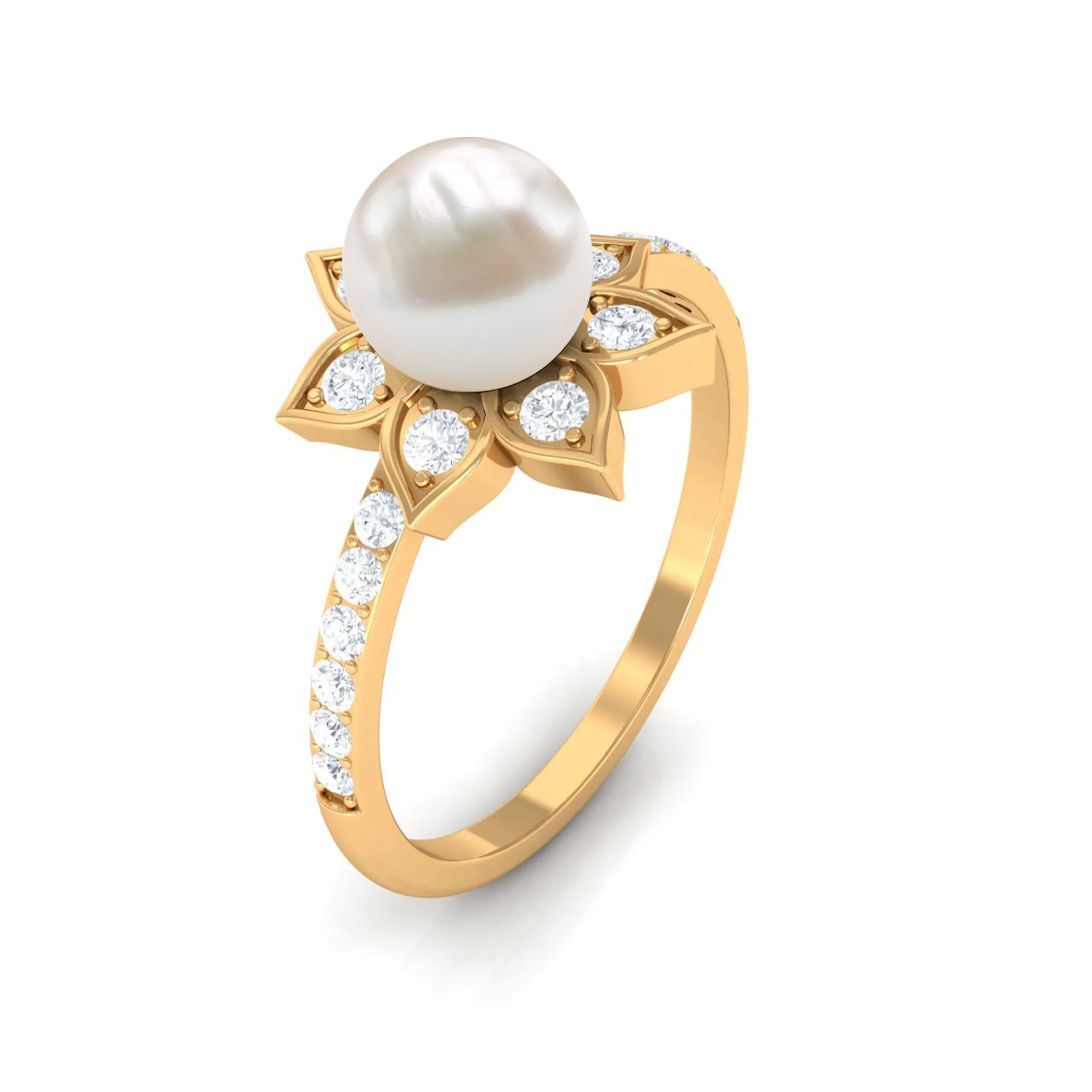 Freshwater Pearl Solitaire Floral Engagement Ring with Diamond