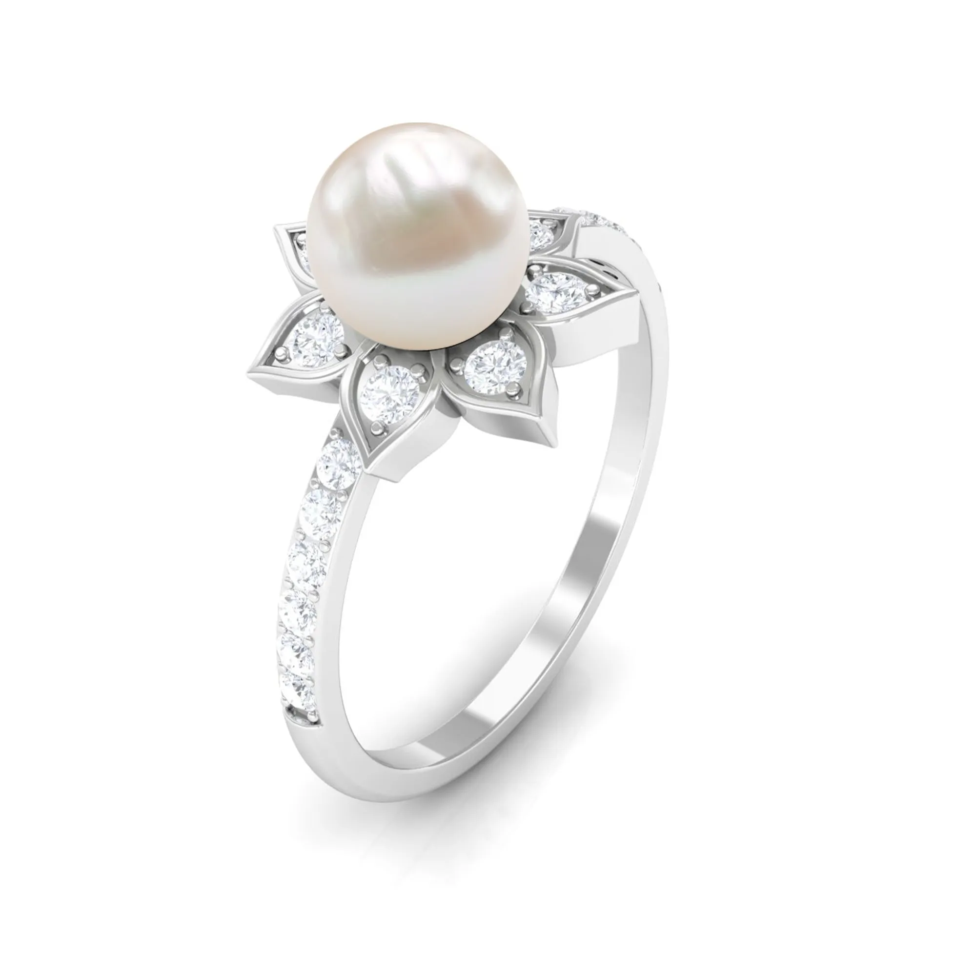 Freshwater Pearl Solitaire Floral Engagement Ring with Diamond