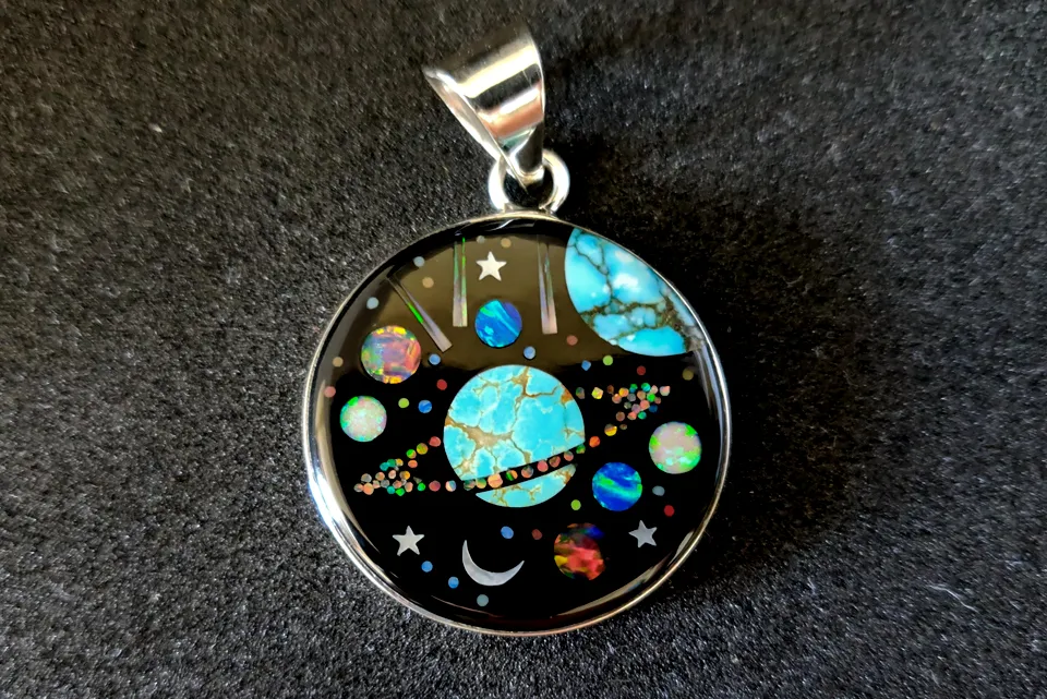 Galaxy Inlay Sterling Silver Pendant with Lab Opal, Turquoise, and Mother of Pearl Shell