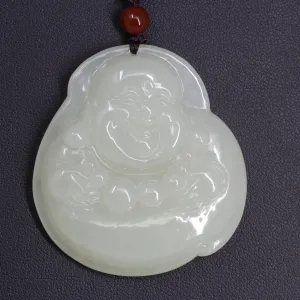 Genuine HeTian White Nephrite Jade Happy Buddha Pendant Necklace