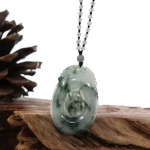 Genuine Ice Blue-Green Jadeite Jade "Good Luck Oval with Dragon Accent" Pendant Necklace With Real Jadeite Bead Necklace