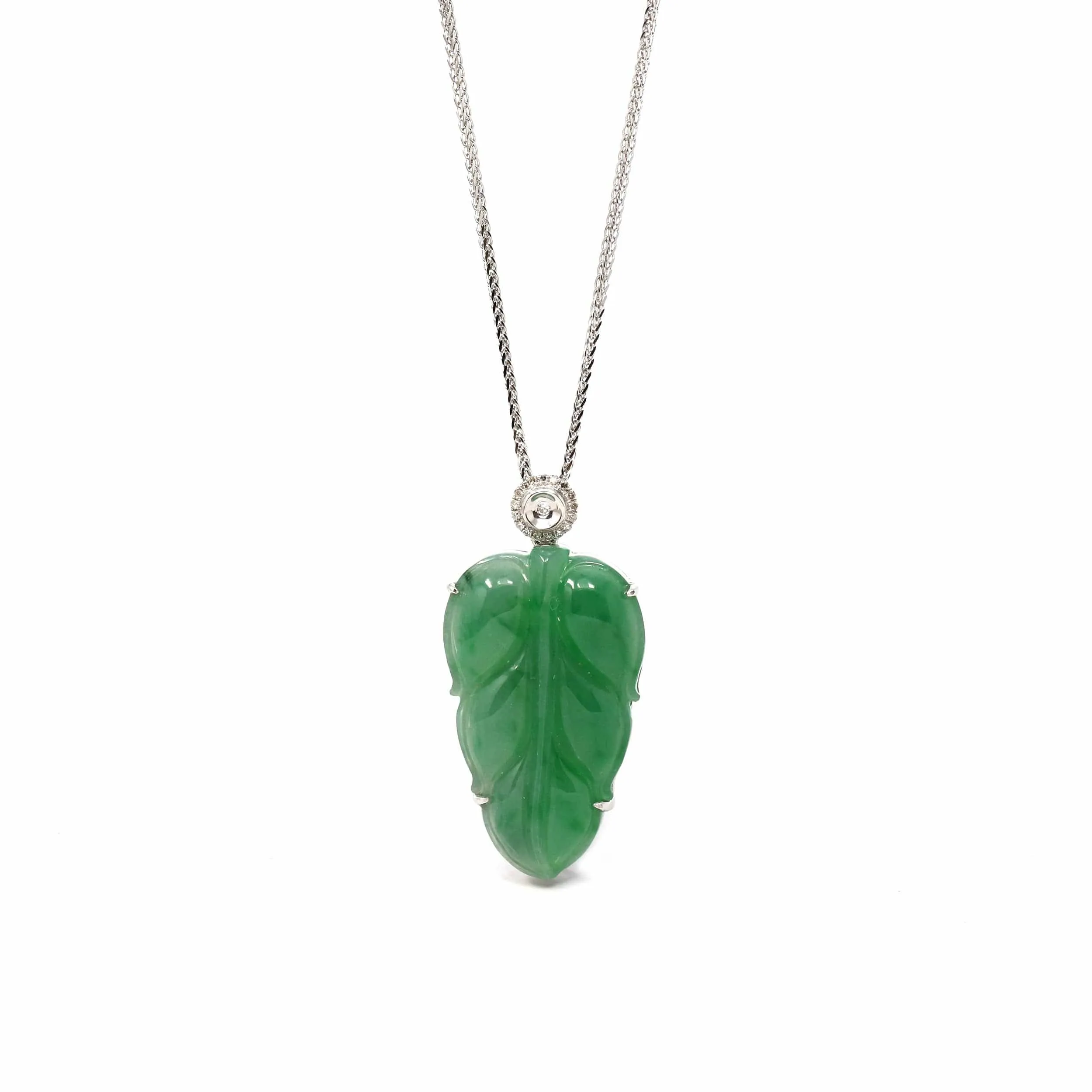 Genuine Ice Jadeite Jade Jin Zhi Yu Ye (Leaf) Necklace With 18k Gold & VSI Diamond Bail