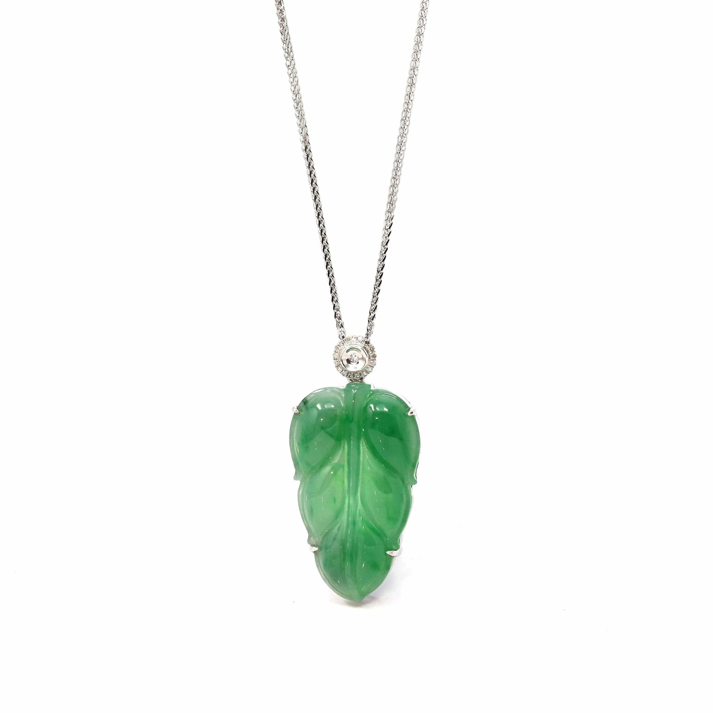 Genuine Ice Jadeite Jade Jin Zhi Yu Ye (Leaf) Necklace With 18k Gold & VSI Diamond Bail