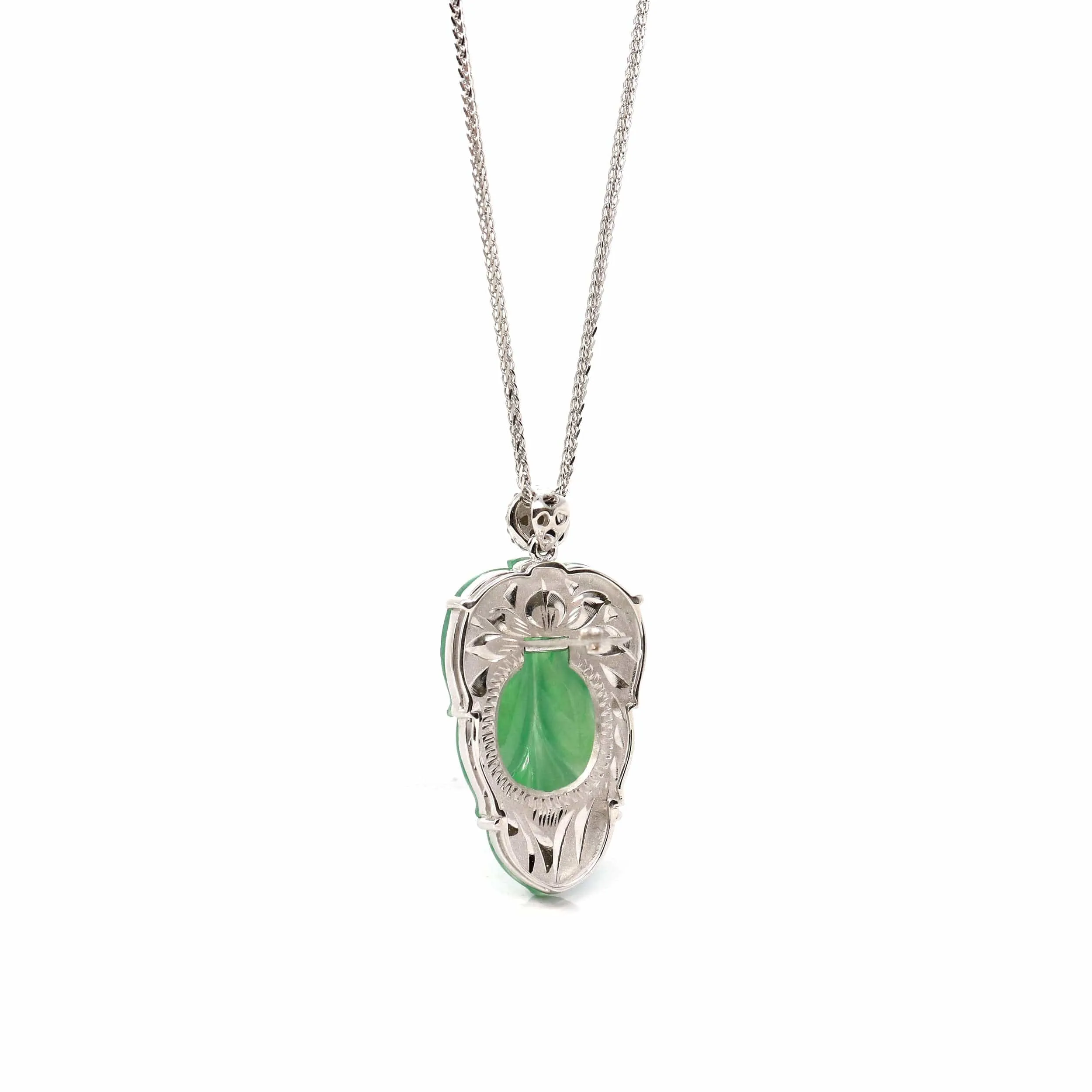 Genuine Ice Jadeite Jade Jin Zhi Yu Ye (Leaf) Necklace With 18k Gold & VSI Diamond Bail