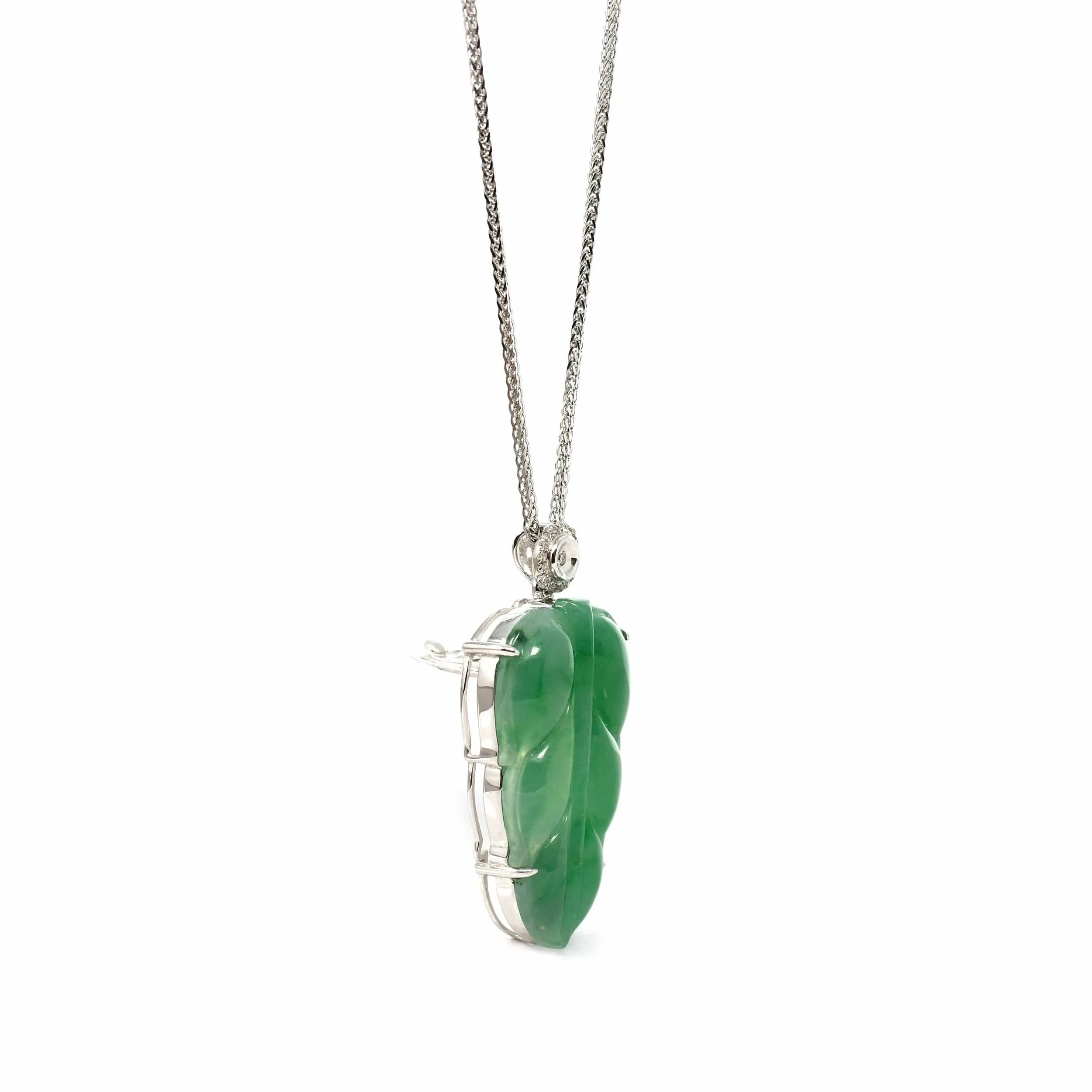 Genuine Ice Jadeite Jade Jin Zhi Yu Ye (Leaf) Necklace With 18k Gold & VSI Diamond Bail