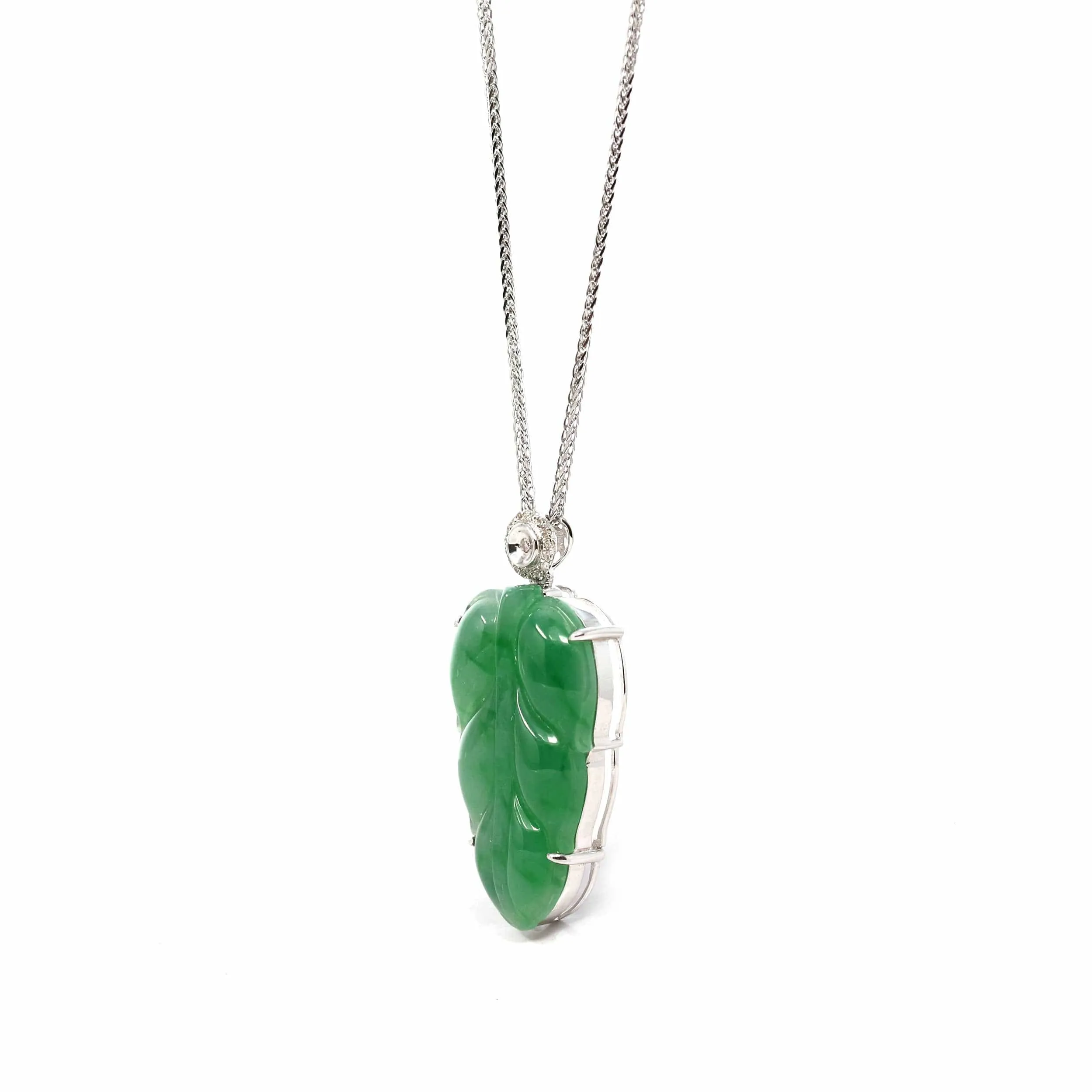 Genuine Ice Jadeite Jade Jin Zhi Yu Ye (Leaf) Necklace With 18k Gold & VSI Diamond Bail