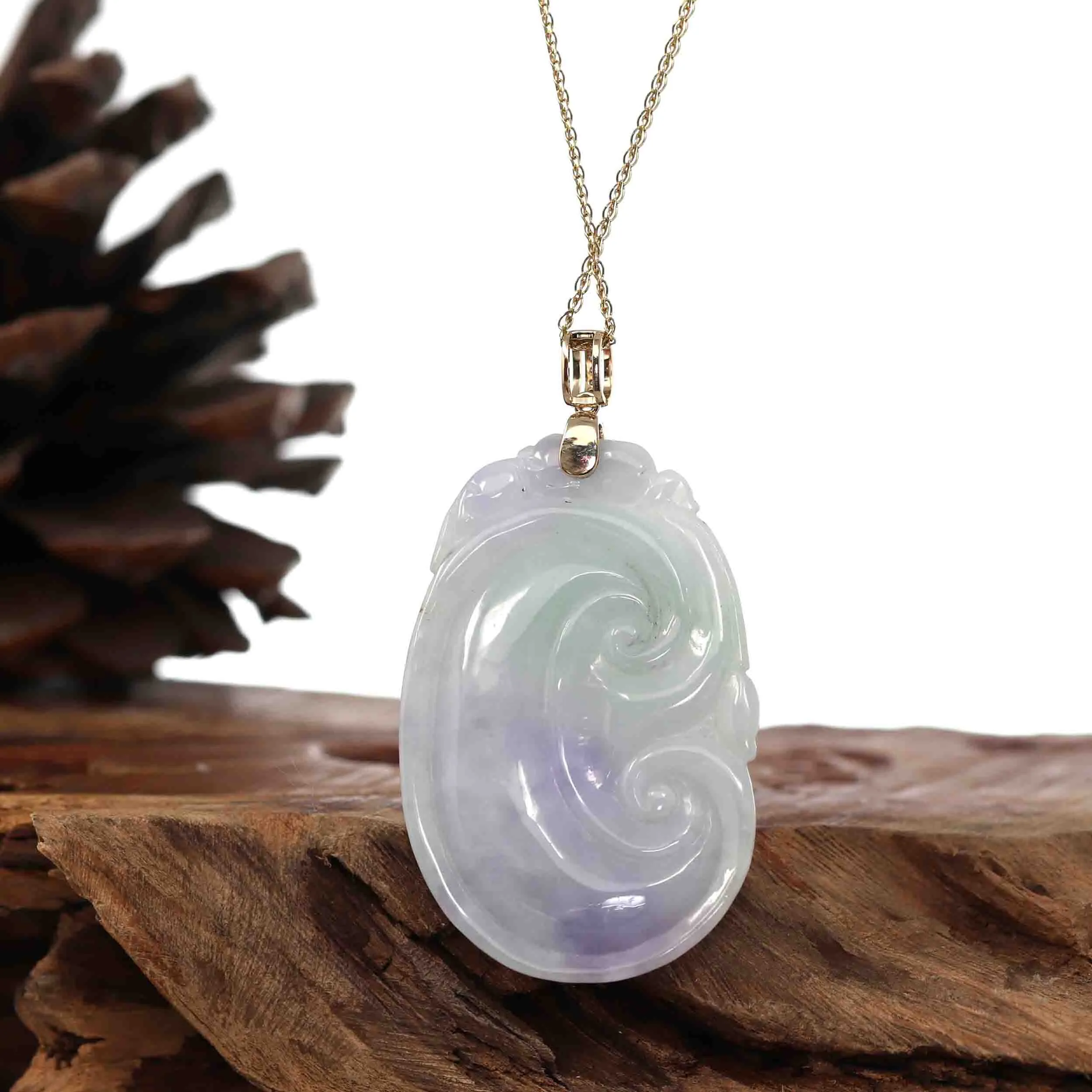 Genuine Lavender Jadeite Jade RuYi Pendant Necklace With 14K Yellow Gold Diamond Bail