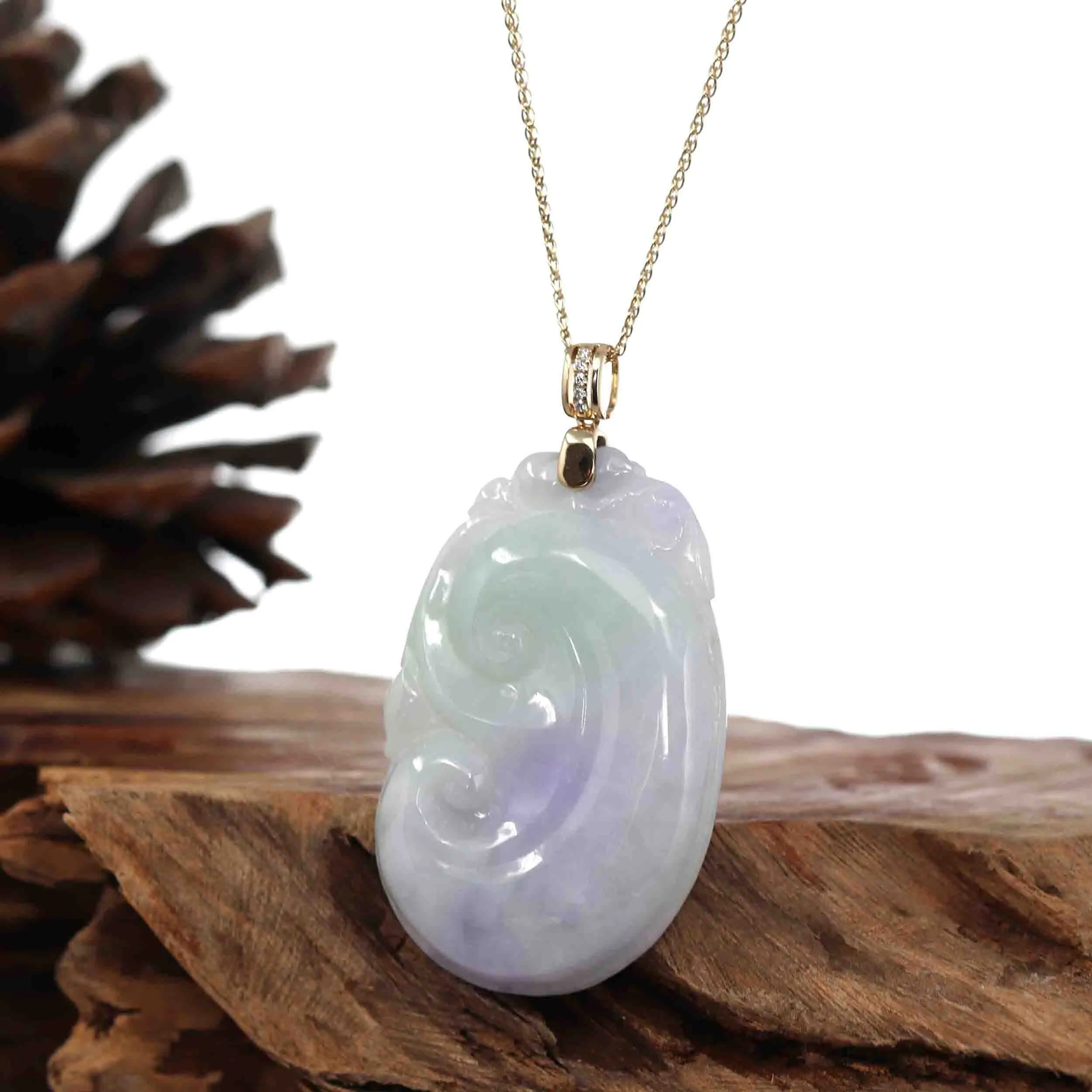 Genuine Lavender Jadeite Jade RuYi Pendant Necklace With 14K Yellow Gold Diamond Bail