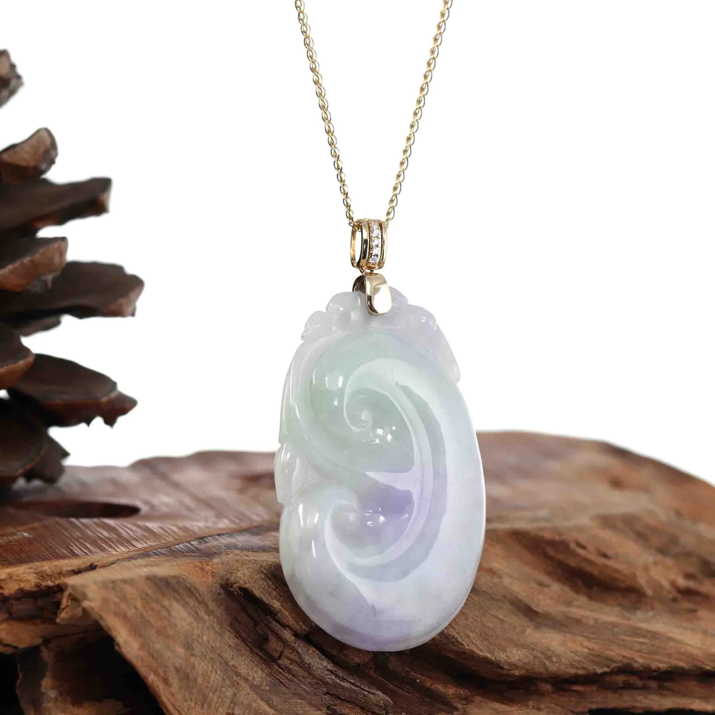 Genuine Lavender Jadeite Jade RuYi Pendant Necklace With 14K Yellow Gold Diamond Bail