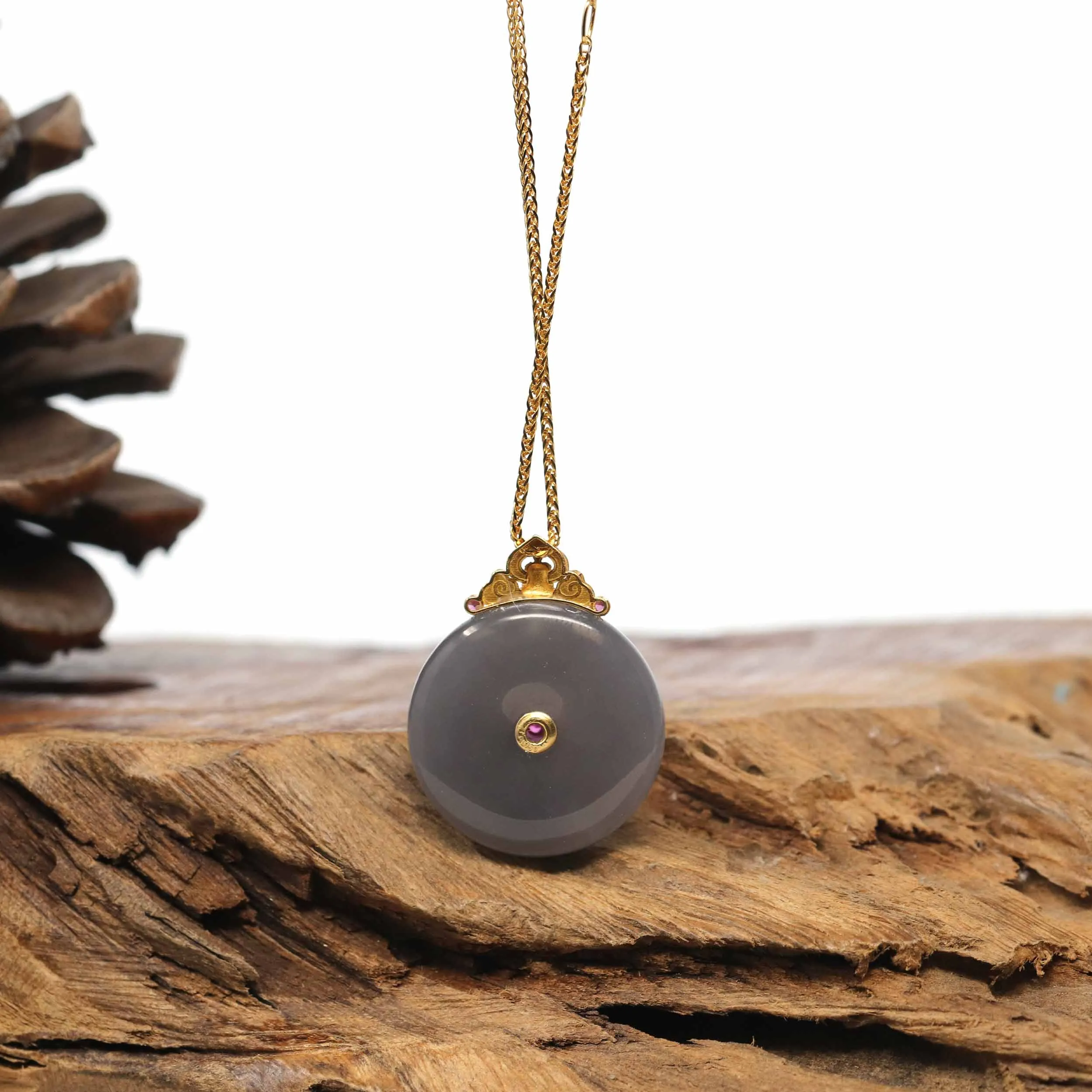 Genuine Smoky Purple Nephrite Jade Lucky Kou Kou Pendant Necklace With 18k Gold Bail