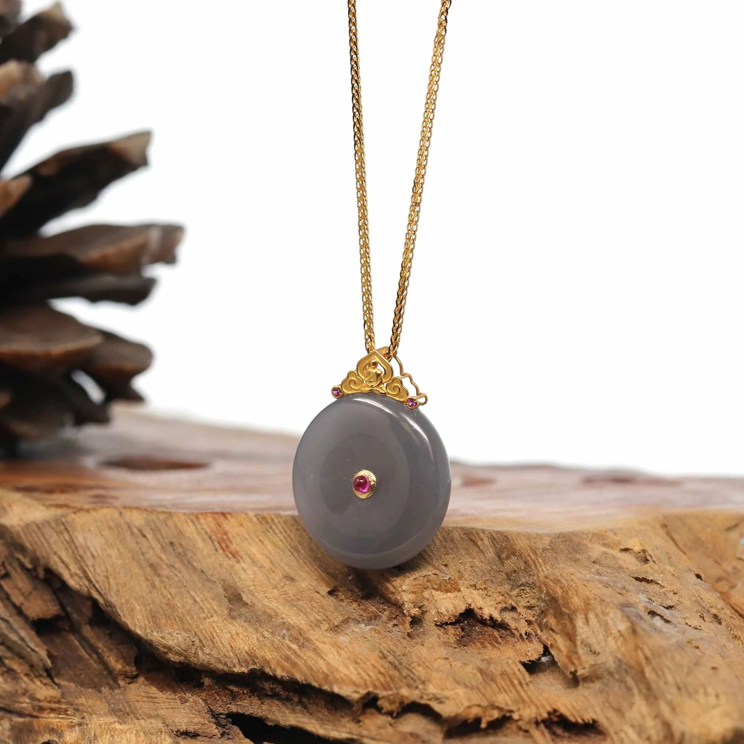 Genuine Smoky Purple Nephrite Jade Lucky Kou Kou Pendant Necklace With 18k Gold Bail