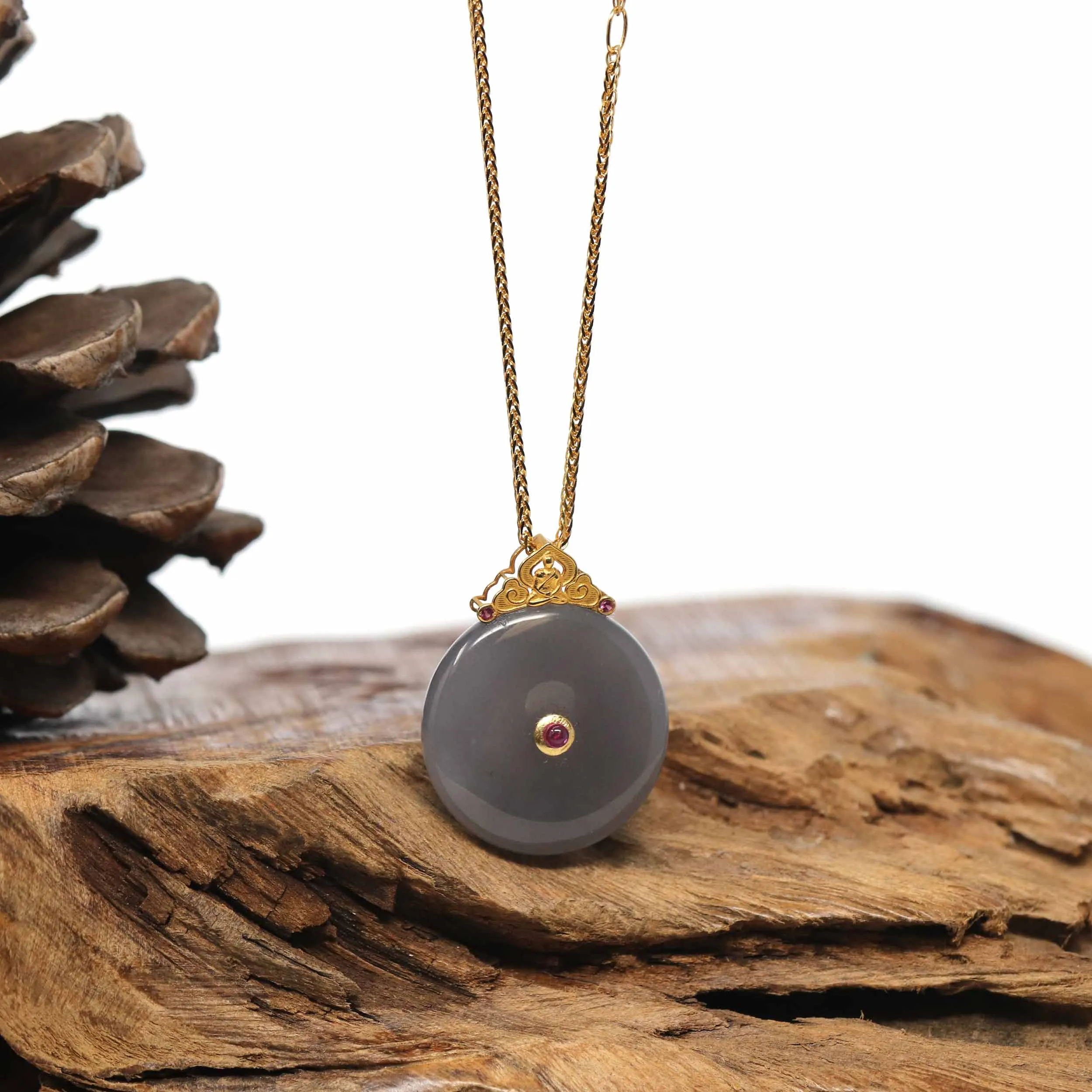 Genuine Smoky Purple Nephrite Jade Lucky Kou Kou Pendant Necklace With 18k Gold Bail