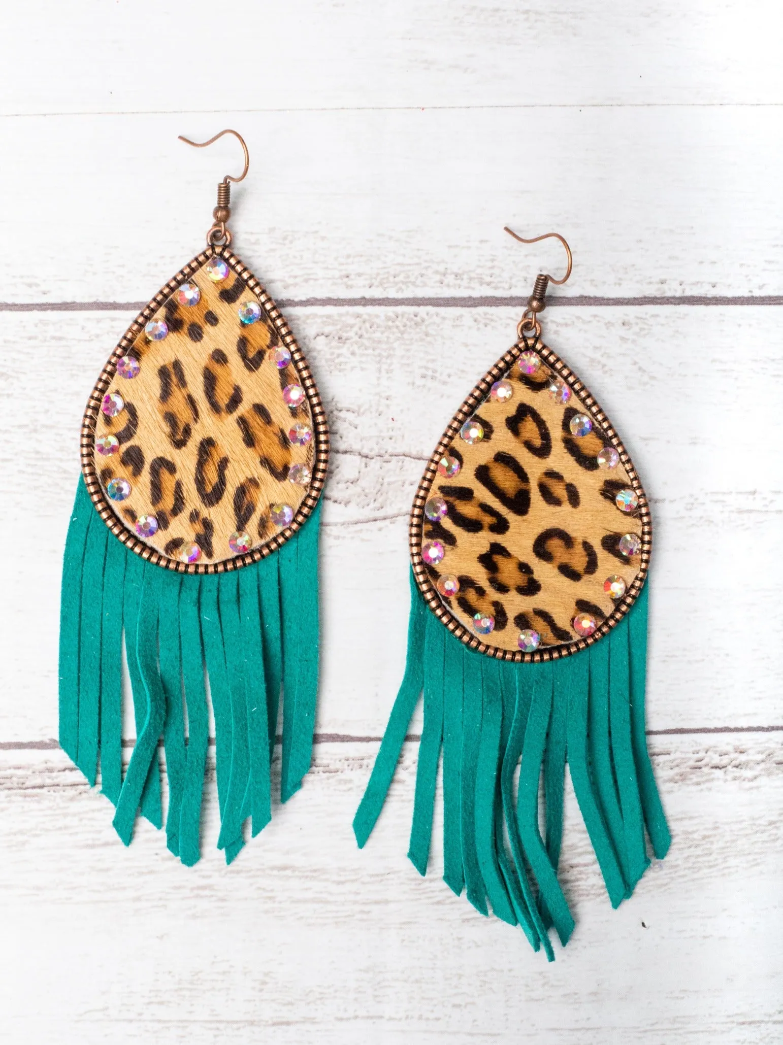 GET IN COWGIRL, WE GOIN' TO NFR LEOPARD TEARDROP TURQUOISE FRINGE EARRINGS