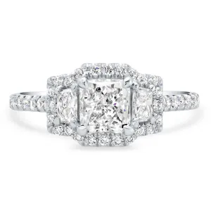 GIA Certified Radiant Cut Diamond Three Stone Halo Engagement Ring