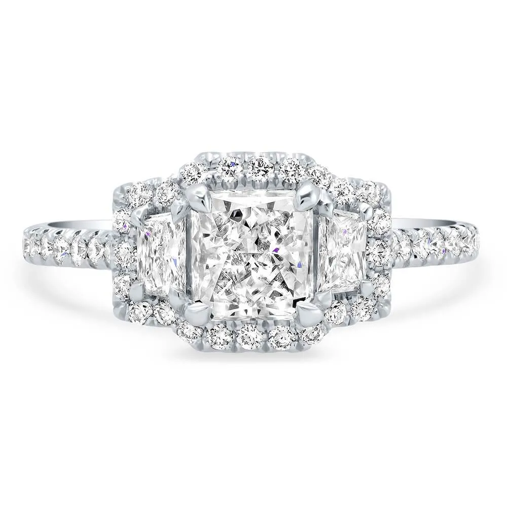 GIA Certified Radiant Cut Diamond Three Stone Halo Engagement Ring