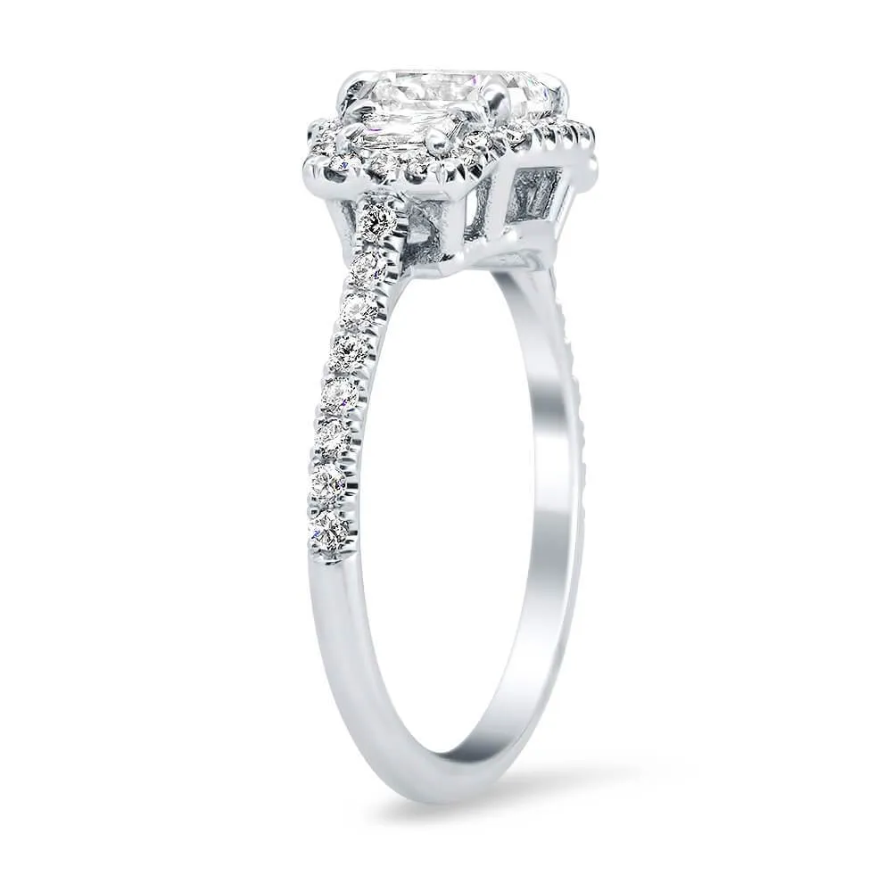 GIA Certified Radiant Cut Diamond Three Stone Halo Engagement Ring