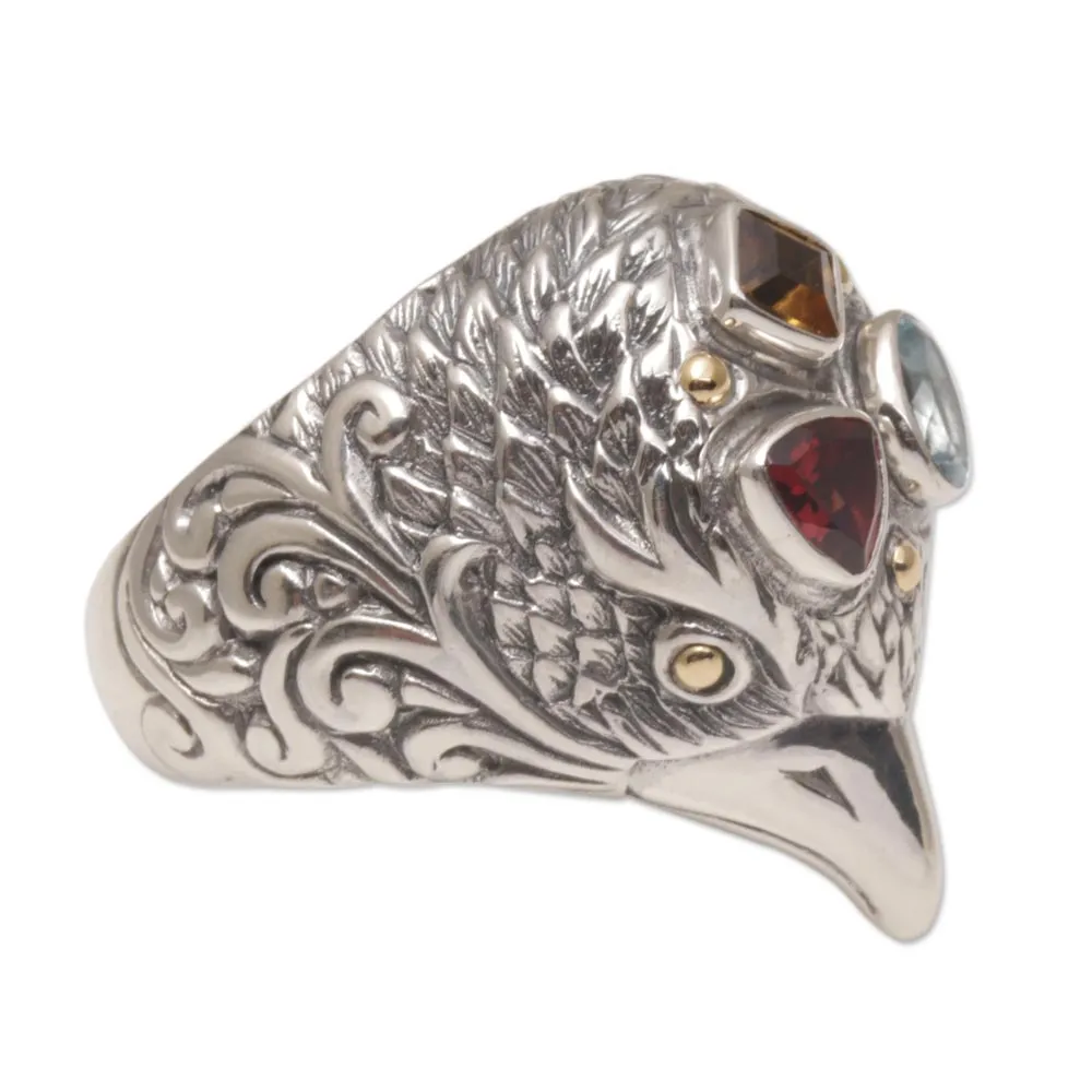 Gold Accent Multi-Gemstone Bird Cocktail Ring from Bali - Starling Charisma | NOVICA