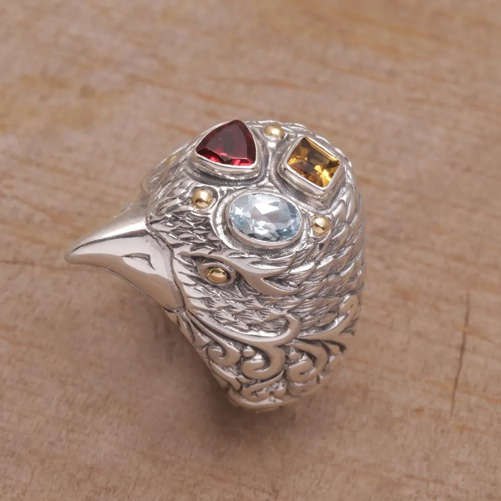 Gold Accent Multi-Gemstone Bird Cocktail Ring from Bali - Starling Charisma | NOVICA